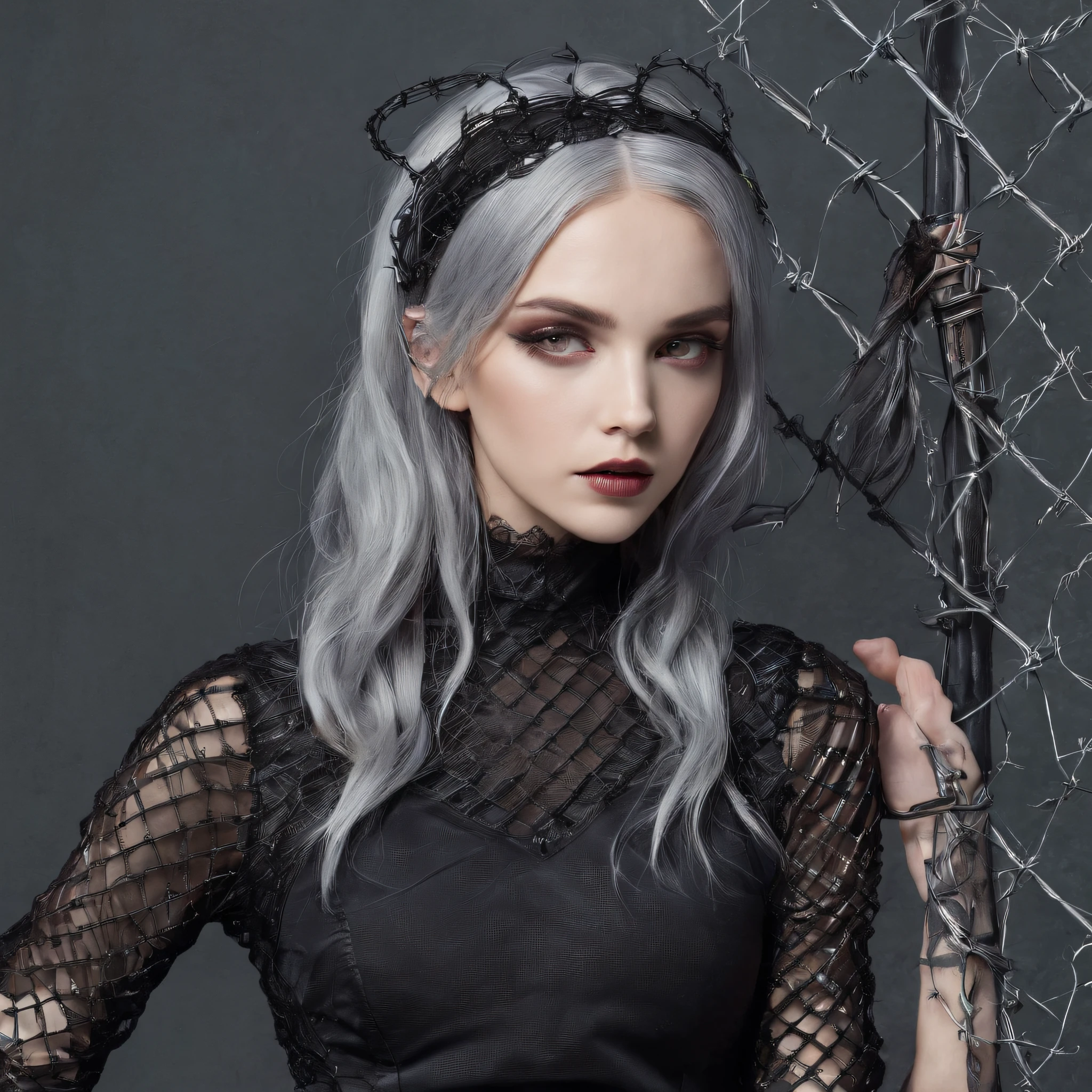 Girl in symbolic clothes of Gothic net, 。.。.com (Barbed wire for the body) brunette color hair,Gray hair ends