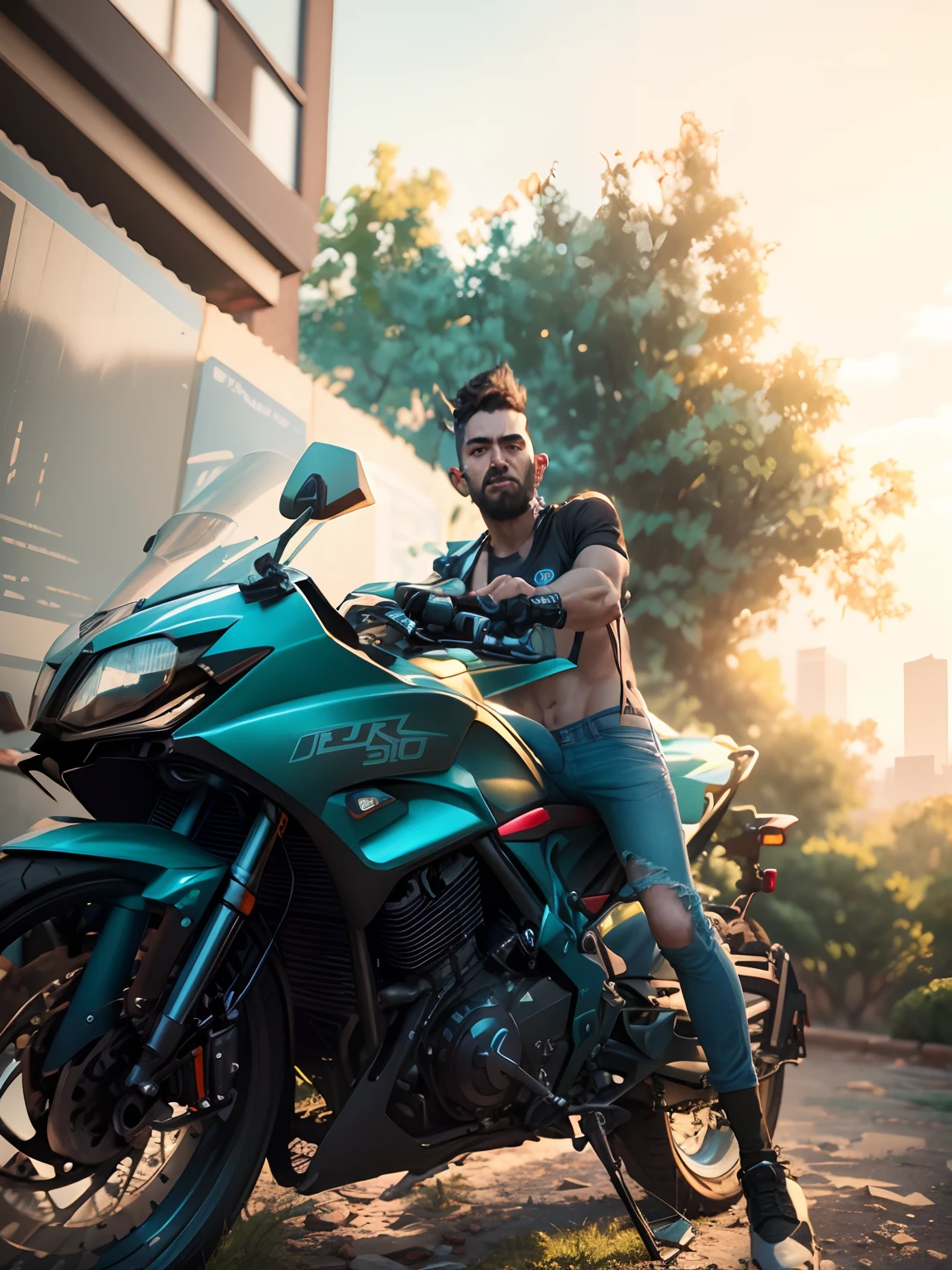 Change background, cyberpunk, change bike cuberpunk, make boy handsome, add jeans to boy, 8k ultra realistic