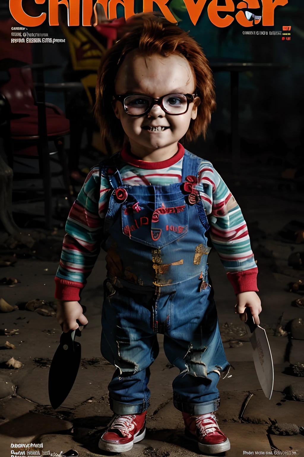 Create a magazine cover scene with a glasses-wearing 3--old  dressed as the character Chucky from the 'Child's' movie series. He's on his feet, looking at the viewer with a spiteful expression. Holding a machete Make it realistic and highly detailed.