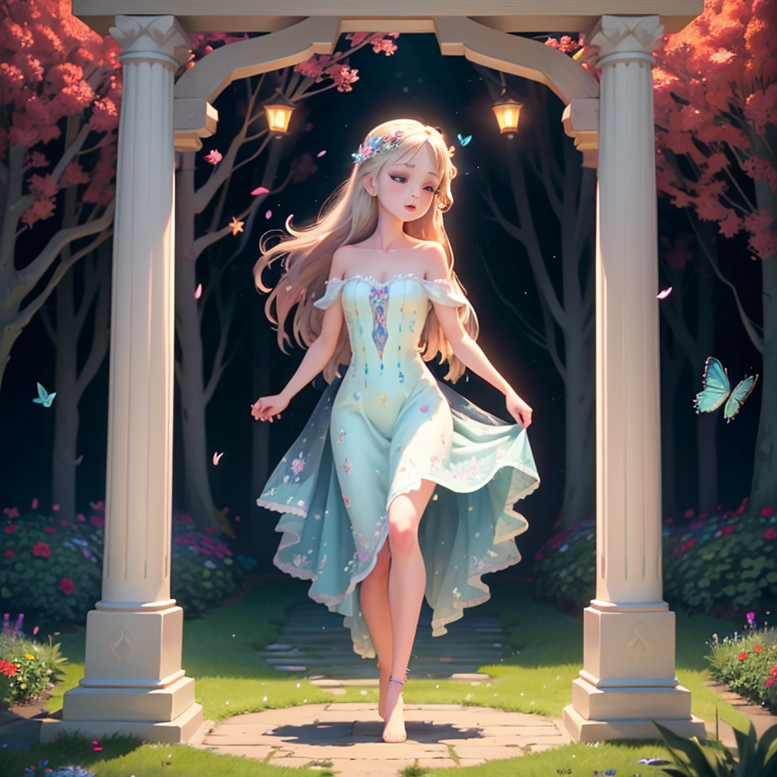 1girl, solo, full body, (masterpiece:1.21), (best quality:1.2), colorful, (illustration:1.2), (cinematic lighting:1.1), (bare shoulders:1.21), (collarbone:1.21)
In this whimsical and fantastical garden, the scene is illuminated by a rainbow of (colorful fireflies), dancing and fluttering in the air. The garden is decorated by a gentle (drizzle), creating a misty and ethereal atmosphere. In the center of the scene, there is a single girl, an extremely delicate and beautiful girl, with cute features and an innocent expression. Her long hair is flowing with the wind. She is wearing no shoulder straps dress, which is ultra low cut, highlighting her delicate curves.

The lighting is very delicate and beautiful, creating a soft and warm glow that highlights the water, making it sparkle like diamonds. The finest grass is also illuminated, creating a lush and verdant carpet. The garden is surrounded by colorful flower fields, with blooms of every color and shape. (Colorful butterflies), of every shade and size, can be seen fluttering around the scene, adding to the overall sense of wonder and magic. (look ai viewer),A blush can be seen on her nose, and her mouth is slightly open, adding to the overall sense of innocence and youthfulness. Falling petals can be seen floating around her, adding to the overall sense of romance and beauty. A gentle wind is blowing through the scene, making the leaves rustle and the flowers sway, adding to the overall sense of movement and life. This is a scene of pure wonder and magic, filled with color and beauty, where the viewer can lose themselves in the enchanting and captivating world.