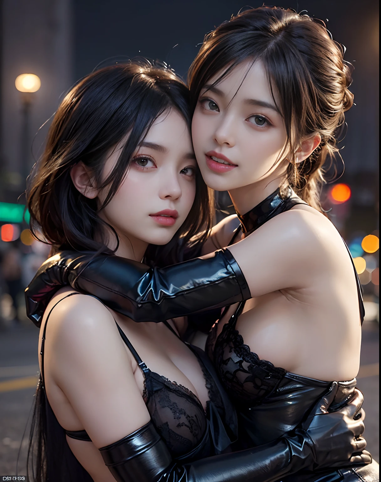 (2 girls hugging each other:1.6), (shiny black long glove:1.5), (black lingerie:1.3), Best Quality:1.5, 8K, masutepiece:1.3, Crisp focus:1.2, Big breasts:1.4, Beautiful woman with perfect figure:1.4, oily skin:1.5 Highly detailed face and skin texture, Perfect face balance, laughing, beautiful studio soft light, Rim Light, vibrant detail, Hyper realistic, Octane Render, Photo realistic, (in a beautiful park at night, big beautiful moon)