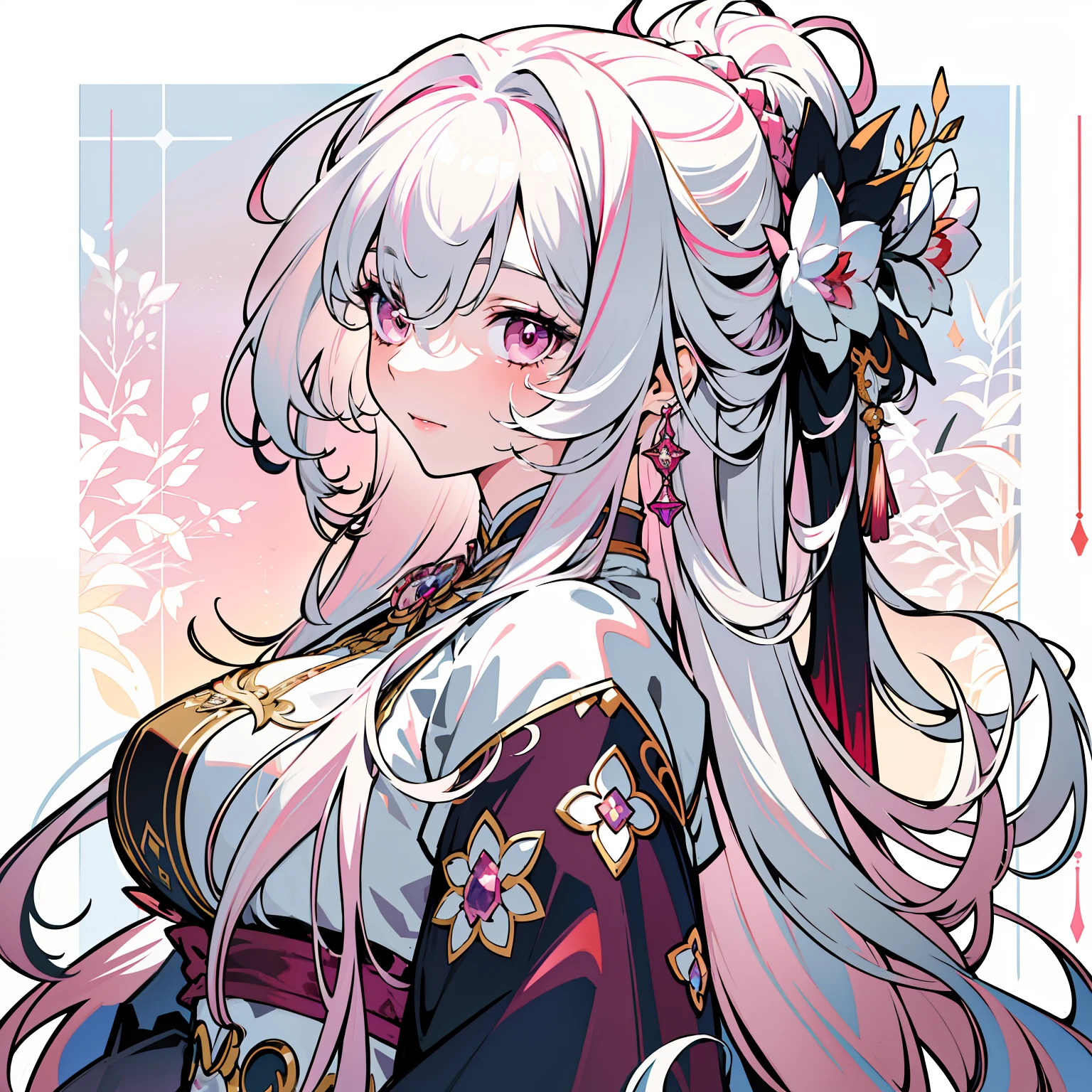 masterpiece, bestquality, official art, high-detail, illustration,
1 girl, Upper body, detailed eyes, Light pink eyes,
Hanfu pink gradient, Intricate patterns, luxury dress, Dynamic Poses,
(Long rainbow hair:1.1), (White Hair:1.2), floating hair, Light pink hair ends, (knit:0.8) gradient hair,