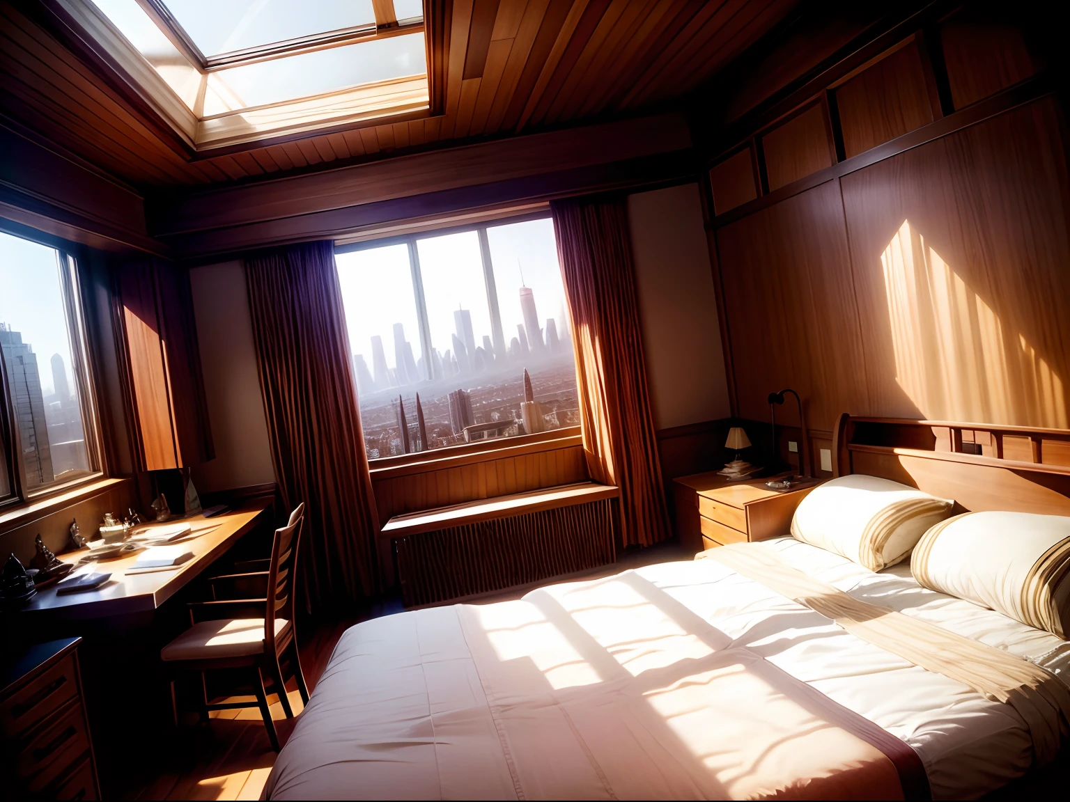 Interior, bedroom, Frank Lloyd Wright style, sunlight, city view