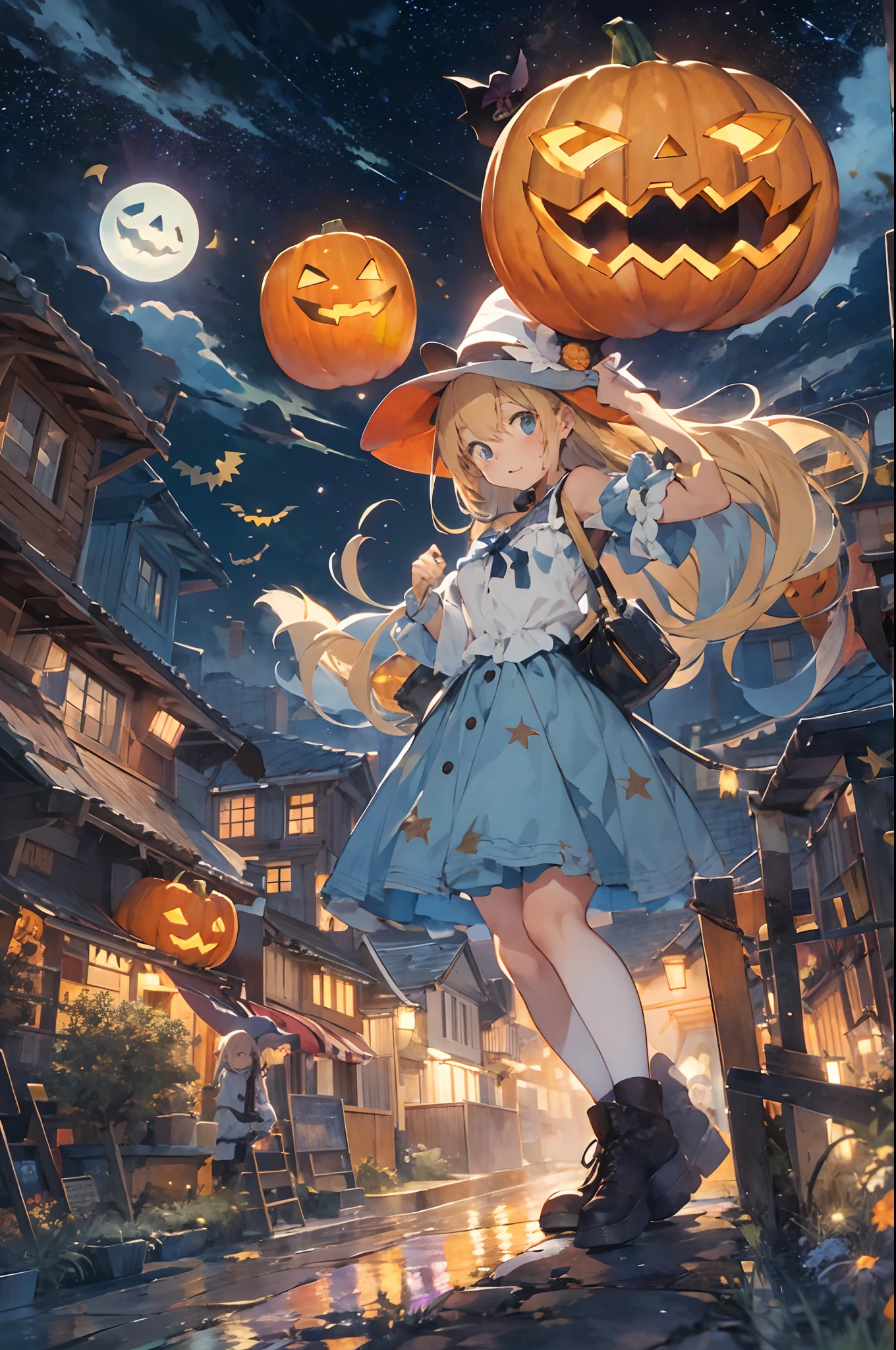 masuter piece、top-quality、32K、8K、absurderes、The best illustrations、Official art、Halloween、the witch、Ride a broom、nigh sky、flying though the air、Ghost pumpkin、You can see a big full moon in the colorful starry sky、You can see buildings and city lights at the bottom of the screen.