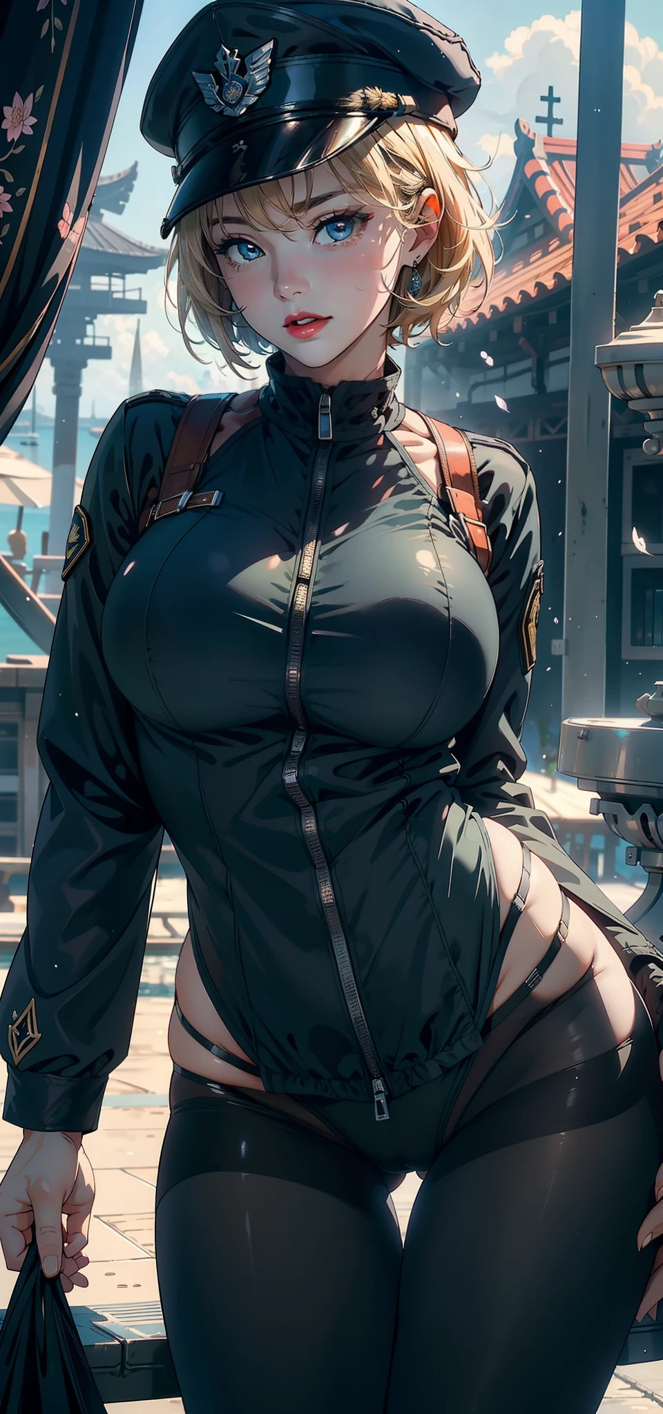 1female,Married Woman,A MILF,熟妇,mature,extremely large bosom,plumw(Background with:Mare,Military port,battleships,submarine,Cherry blossom forest,lotus flower)Lie underwater, She has short blonde hair,bobo head,seen from the front,mostly cloudy sky,(((tmasterpiece),(Very detailed CG unity 8K wallpaper),best qualtiy,cinmatic lighting,detailed back ground,beatiful detailed eyes,Bright pupils,Blue eyes,Snow-whiteskin,Redlip(Very fine and beautiful),(Beautiful and detailed eye description),ultra - detailed,tmasterpiece,))facing at camera,A high resolution,ultra - detailed),revealing breasts,Bare genitalia, Bulge,legs are open,Raised sexy,Camel toes,Desire for dissatisfaction,frontage,us airforce(Wearing : Black pantyhose ,Dark green bomber jacket)Officer's cap