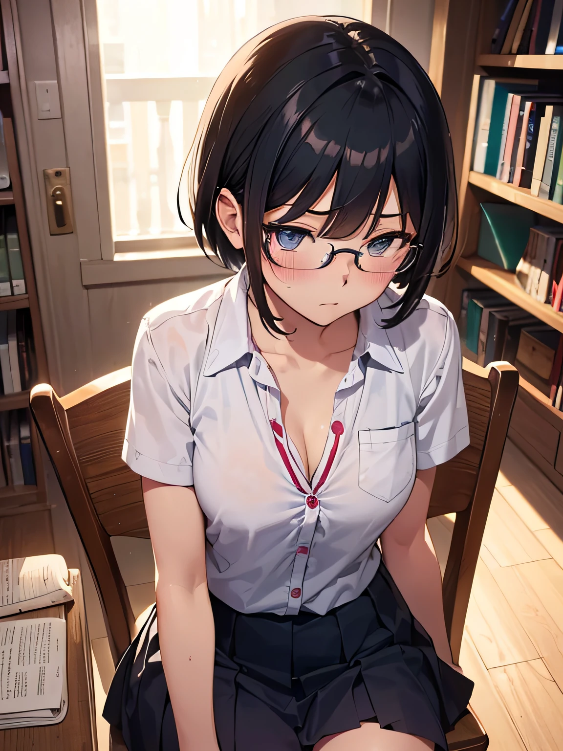 ((masutepiece)), ((Best Quality)), (Ultra-detailed), ((kawaii)), Cute, (lovly), ((Sexy)), (Ero), ((Extremely detailed)), 4K, (8K), Best Quality, (Beautiful), Illustration, Anime style, Painting, Upper body, look down from above, gradients, Having a book, (lecture), sit a chair, full body focus, (Looking away:1.4), Library, Cute little girl s, 1girl in, Solo, (bared chest), School uniform, Beautiful black hair, Beautiful black eyes, ((Beautiful eyes)), White-skinned, Short hair, Glasses、large full breasts, serious facial expression, blush, sparkling effect