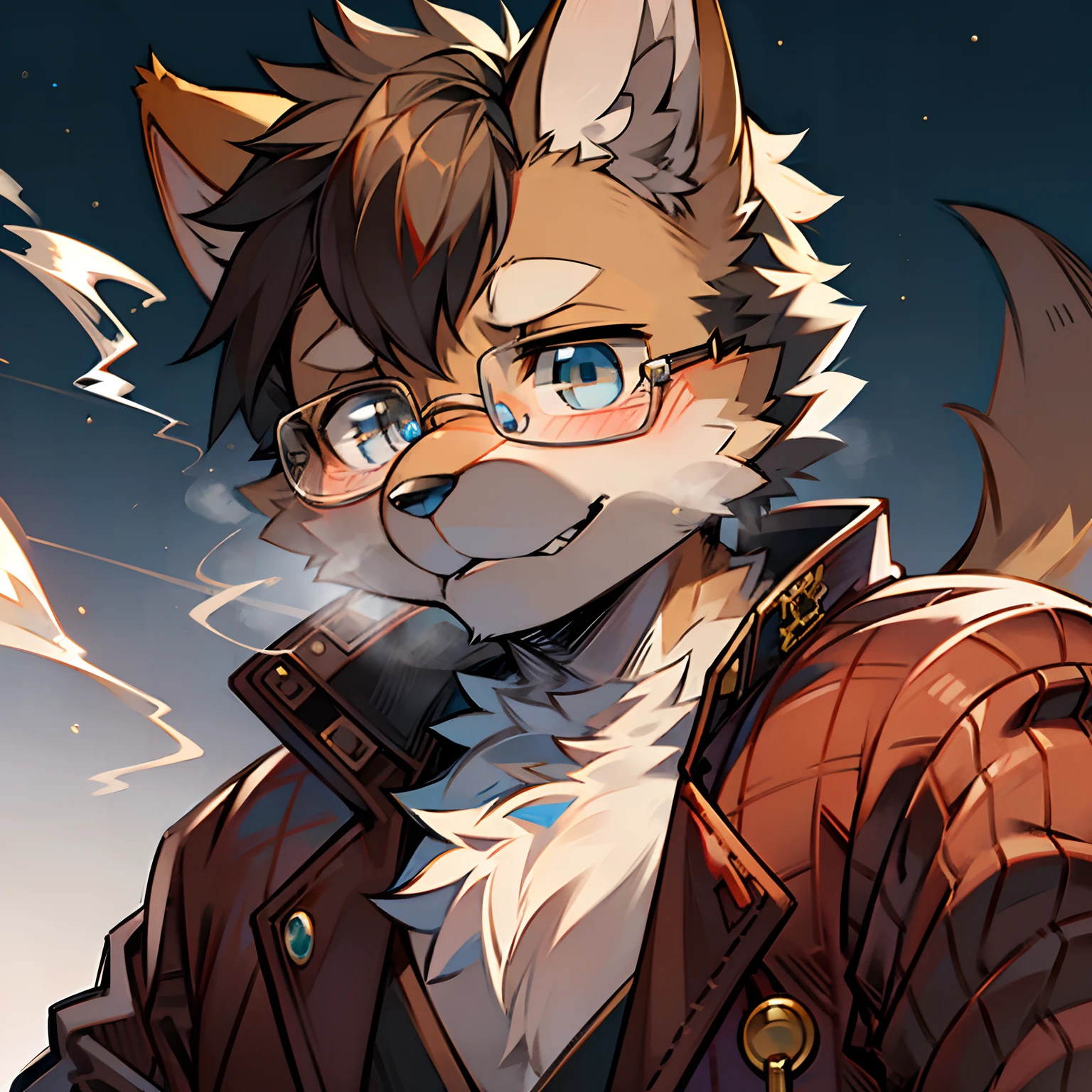 solo person,shaggy male,Furry,,Middle aged,Middle aged,neuter,Dogs,Shiba dog,canid,Light black fur,Blue eyes,Wearing glasses,smokeing,background starry sky,