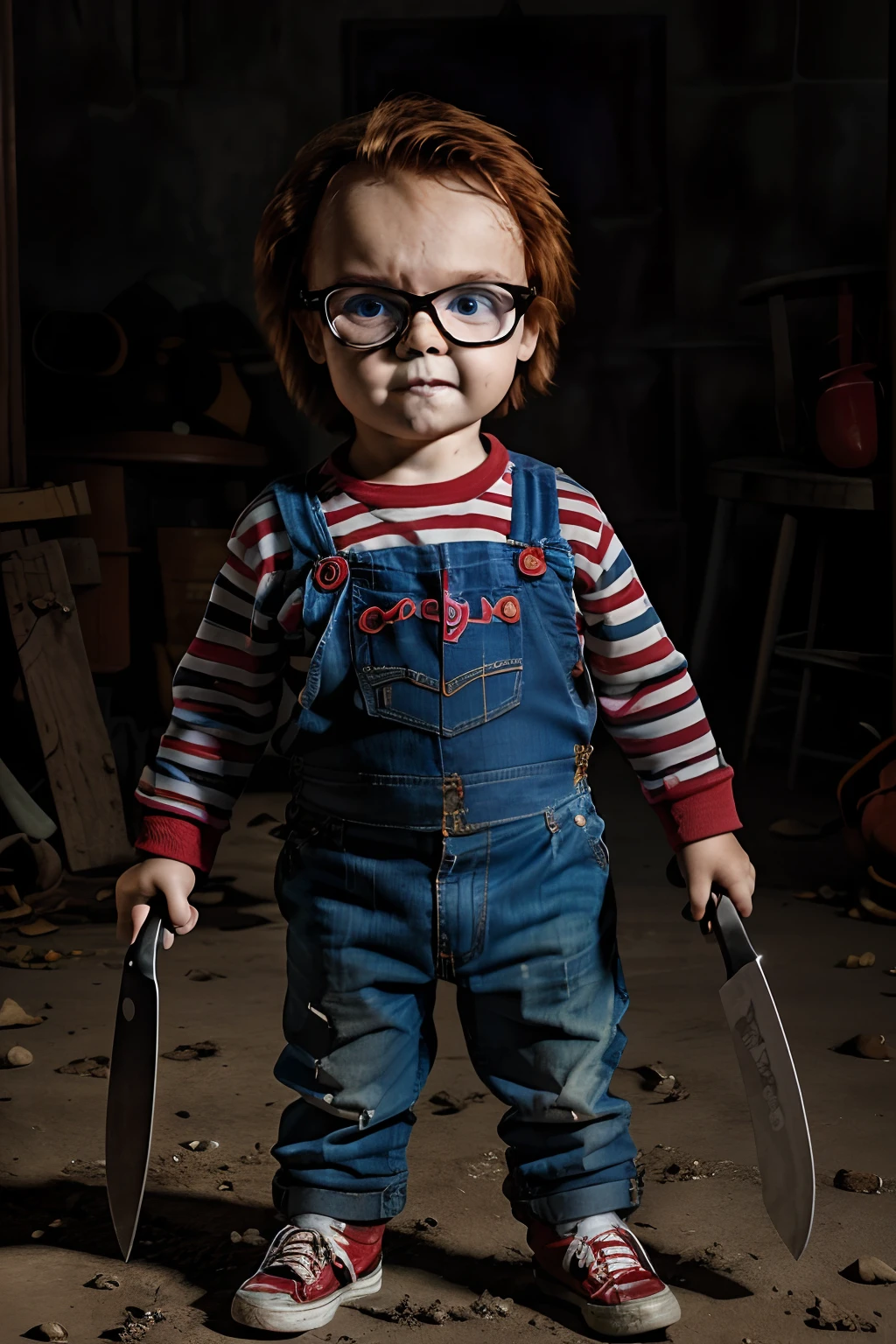 Create a magazine cover scene featuring a 3--old  wearing glasses dressed as the character Chucky from the 'Child's' movie series. He is standing, looking at the viewer with an evil expression, holding a machete. Make it realistic and highly detailed.