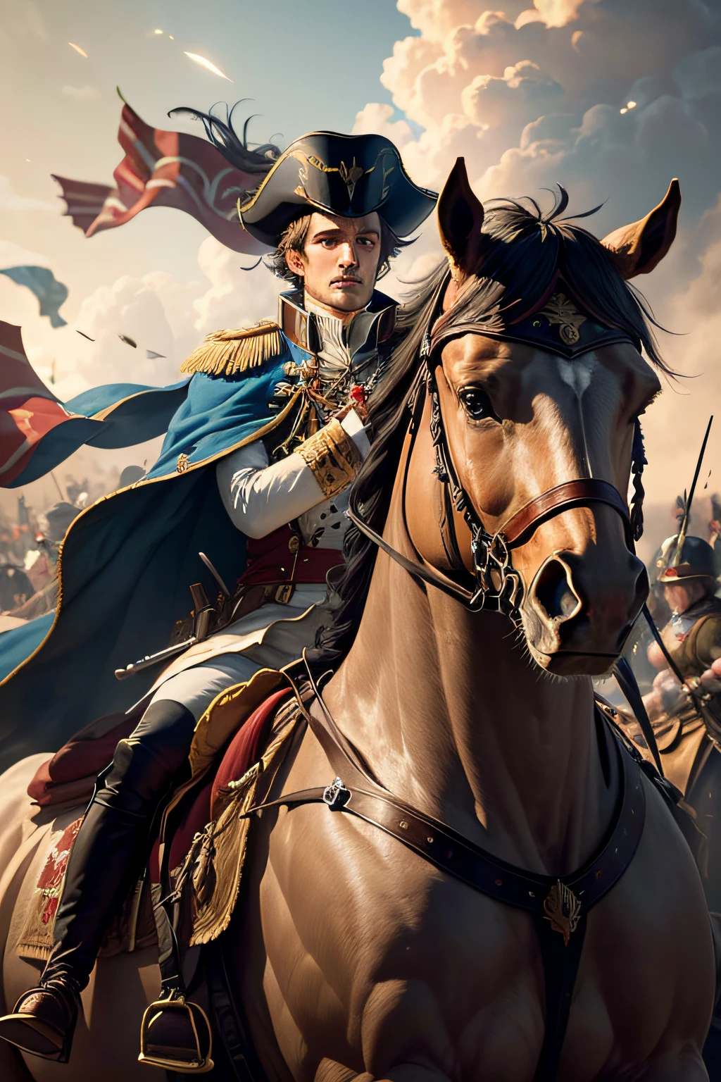 Create a realistic image of Napoleon Bonaparte, montado em um cavalo e liderando uma tropa