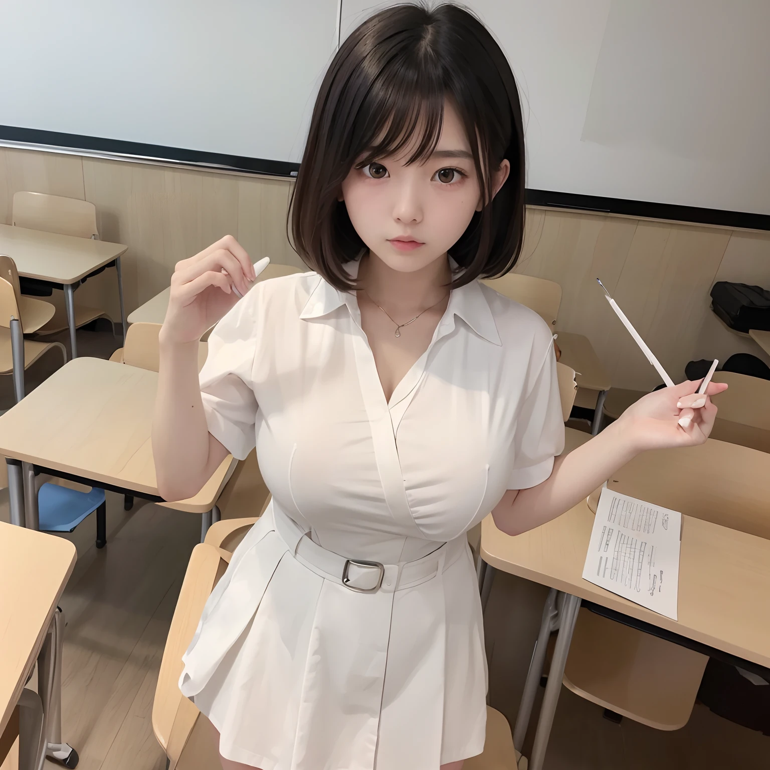 s girl(masterpiece:1.4)、(in 8K、realisitic、Raw photo、top-quality:1.4)、japanes、(Real Face:1.4)、(real looking skin:1.3)、超A high resolution、A hyper-realistic、beautiful finely detailed eyes、A dark-haired、short-hair、bob cuts、a sailor suit、a short skirt、White underwear、Embarrassed look、Brown eyes、high detailing、(huge-breasted:1.2)、Classroom