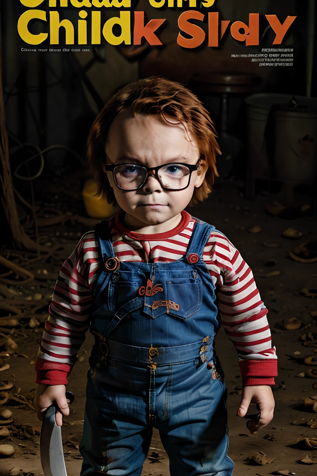 Create a magazine cover scene featuring a 3--old  wearing glasses dressed as the character Chucky from the 'Child's' movie series. He is standing, looking at the viewer with an evil expression, holding a machete. Make it realistic and highly detailed.