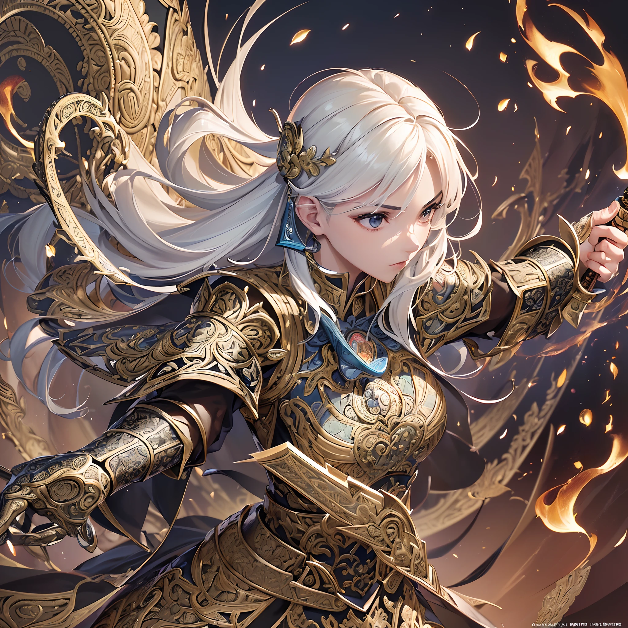 ((Finest quality)),(超A high resolution),(ultra-detailliert),(Meticulous portrayal),((Best CG)),(Finest works of art),Ultra-Precision Art,The art of astounding depiction, (Female Magic Swordsman:1.5),(Armor with intricate patterns:1.5),Hold your sword:1.3,Unleash flaming arrows:1.5, Dynamic poses,