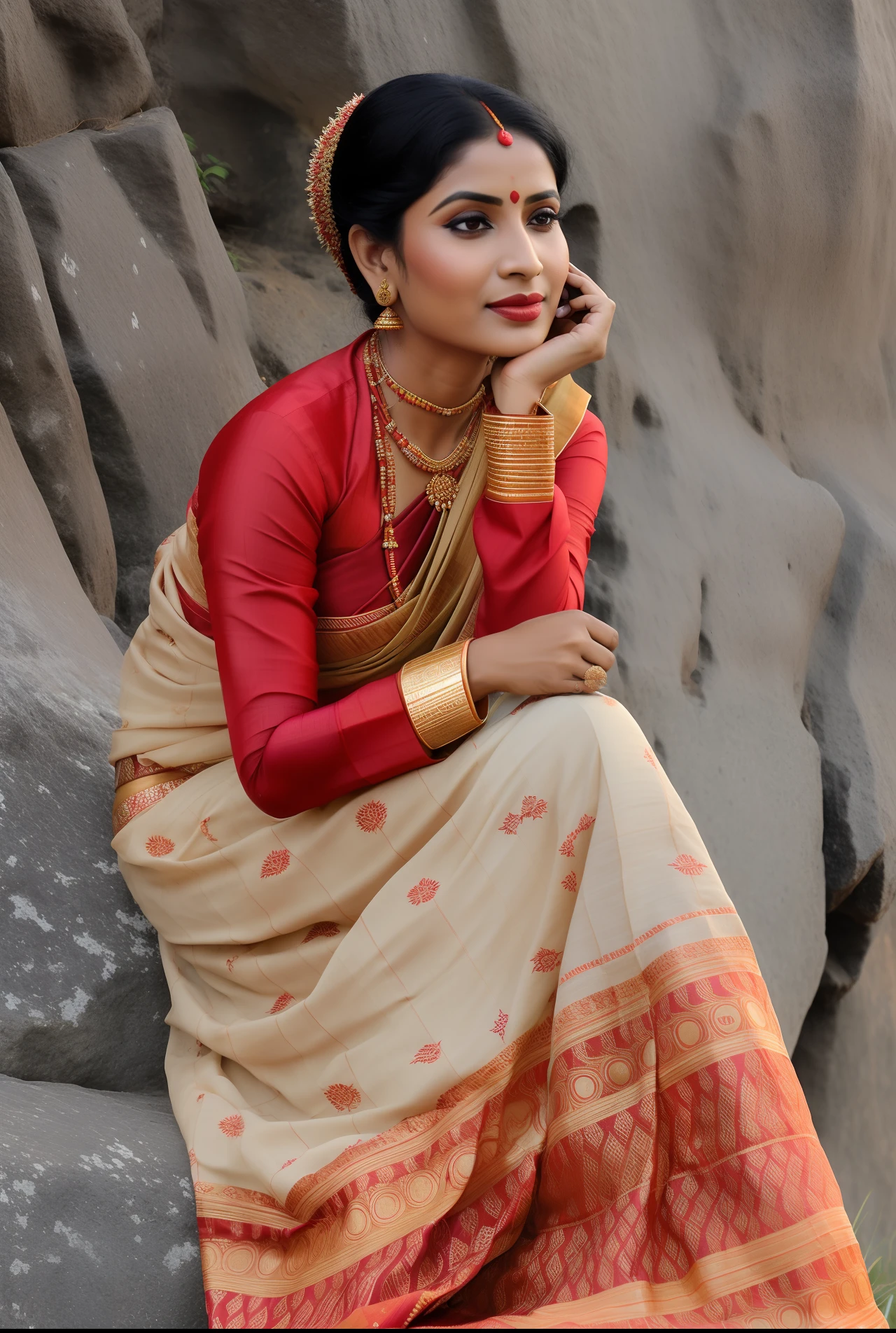 arafed woman in a sari sitting on a rock talking on a cell phone, traditional beauty, wearing bihu dress mekhela sador, assamese aesthetic, wearing an elegant tribal outfit, traditional clothes, traditional clothing, very beautiful enga style, traditional dress, wearing beautiful clothes, dressed in a sari, traditional female hairstyles, assamese, traditional makeup