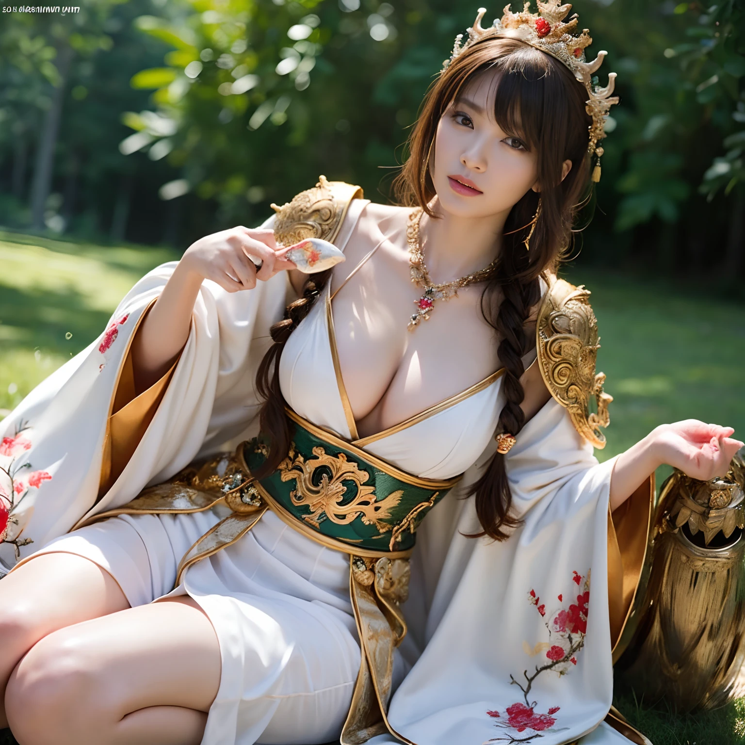 (Fight fiercely with dragons)、top-quality、masterpiece、超A high resolution、(White Dragon Armor)、dragon armor、(Wearing a beautiful crown made of jewels),(Photorealsitic:1.4)、Raw photo、1人、Golden hair、glowy skin、(((Chinese Dragon)))、(Gorgeous Jewelry Necklaces)、(Mystical expression)、(Fight big dragons)、With a beautiful knife、(White Metal Bodysuit)、(beautiful forest background)、Precipitous cliffs、(Small LED)、((super realistic details))、portlate、globalillumination、Shadow、octan render、(One-Eyed Scouter)、8K、ultrasharp、Colossal tits、Raw skin is exposed in cleavage、metals、Details of complex ornaments、Japan details、highly intricate detail、Realistic light、CGSoation Trends、Red Eyes、radiant eyes、Facing the camera、neon details、(Mechanical limbs)、(blood vessels connected to tubes)、Mechanical vertebrae attached to the back、mechanical cervical attaching to neck、(Wires and cables connecting to the head)、Gundam、Small LED、,Mechanical thighs、Toostock、(Hands are also made of machines)、(veils)、