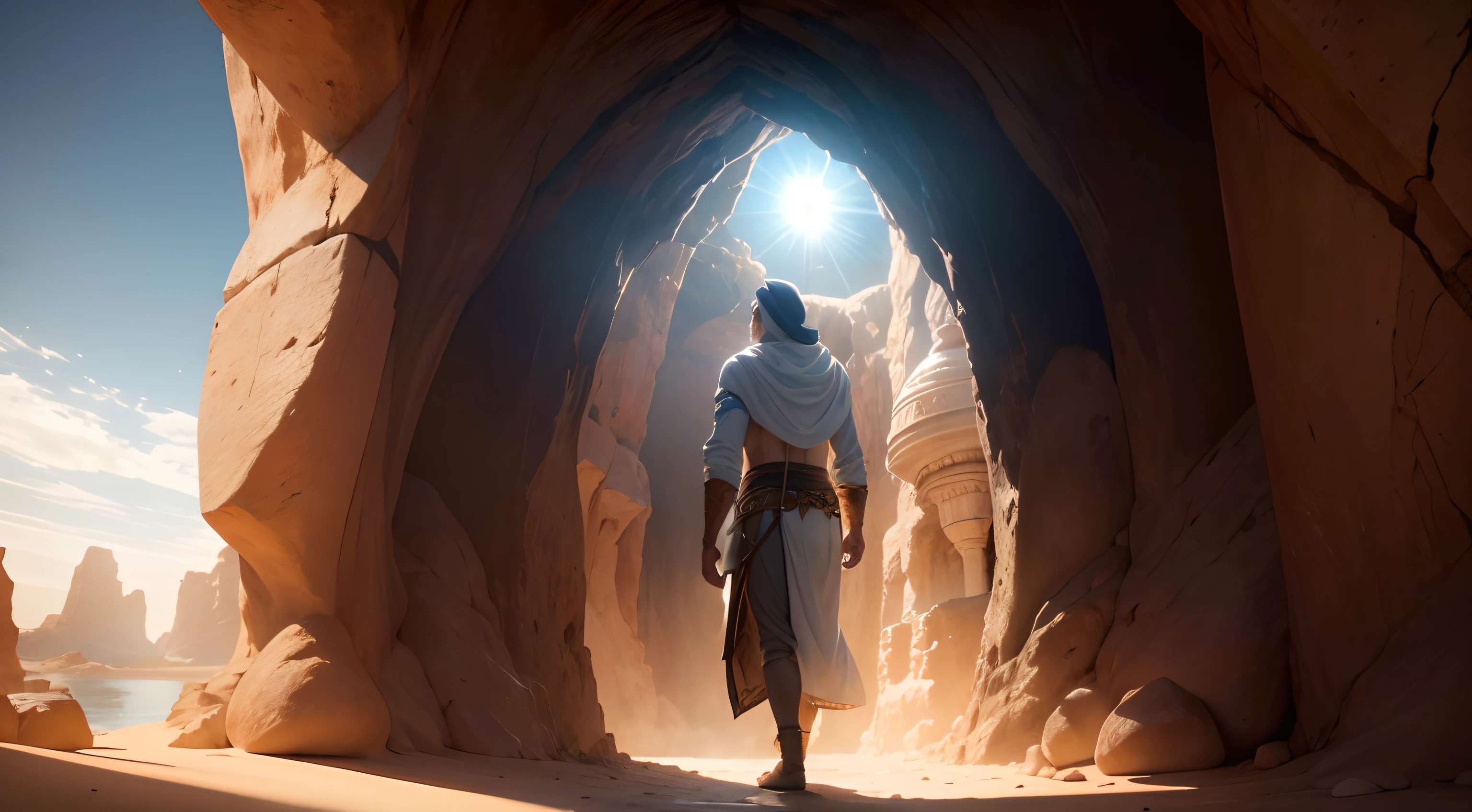 silueta de homem arabe na entrada de uma caverna rustica, fundo sob a luz do por do sol, iluminado, alta resolução, 8k, full hd, 4 k