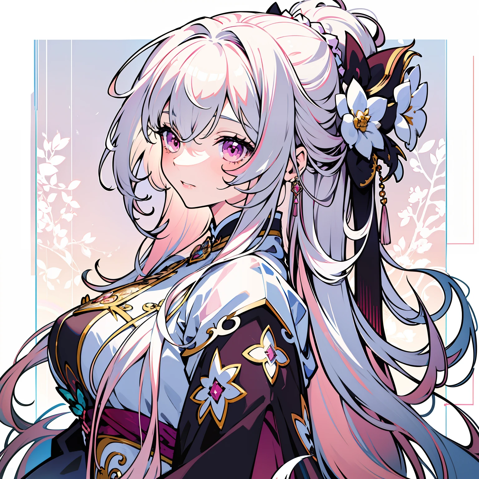 masterpiece, bestquality, official art, high-detail, illustration,
1 girl, Upper body, detailed eyes, Light pink eyes,
Hanfu pink gradient, Intricate patterns, luxury dress, Dynamic Poses,
(Long rainbow hair:1.1), (White Hair:1.2), floating hair, Light pink hair ends, (knit:0.8) gradient hair,