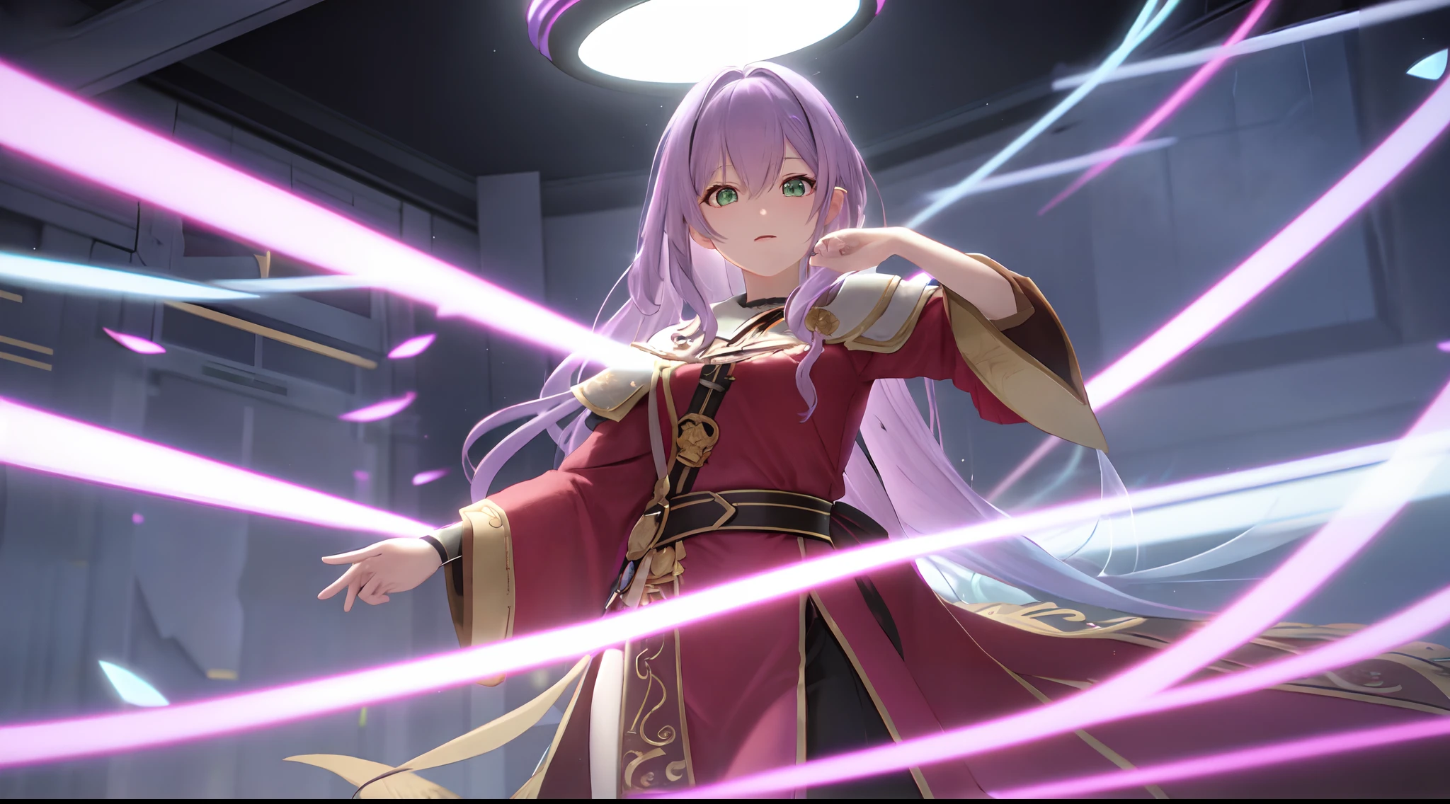 Athena with plain long light purple hair,hair between eyes,green eyes,rosy cheeks,full lips,thin eyebrows,slender body,full red robe with very long skirt,cute anime girl,full body,rivers in background,anime style,Lumen Reflections,Screen Space Reflections,Diffraction Grading,Chromatic Aberration,GB Displacement,Scan Lines,Ray Traced,Anti-Aliasing,FXAA,TXAA,RTX,SSAO,Shaders,OpenGL-Shaders, GLSL-Shaders,Post Processing,Post-Production,cell Shading,Tone Mapping,CGI,VFX,SFX,insanely detailed and intricate, 4K,standing, solo, masterpiece, best quality, detailed face, detailed eyes, highres, standing, solo,masterpiece, best quality