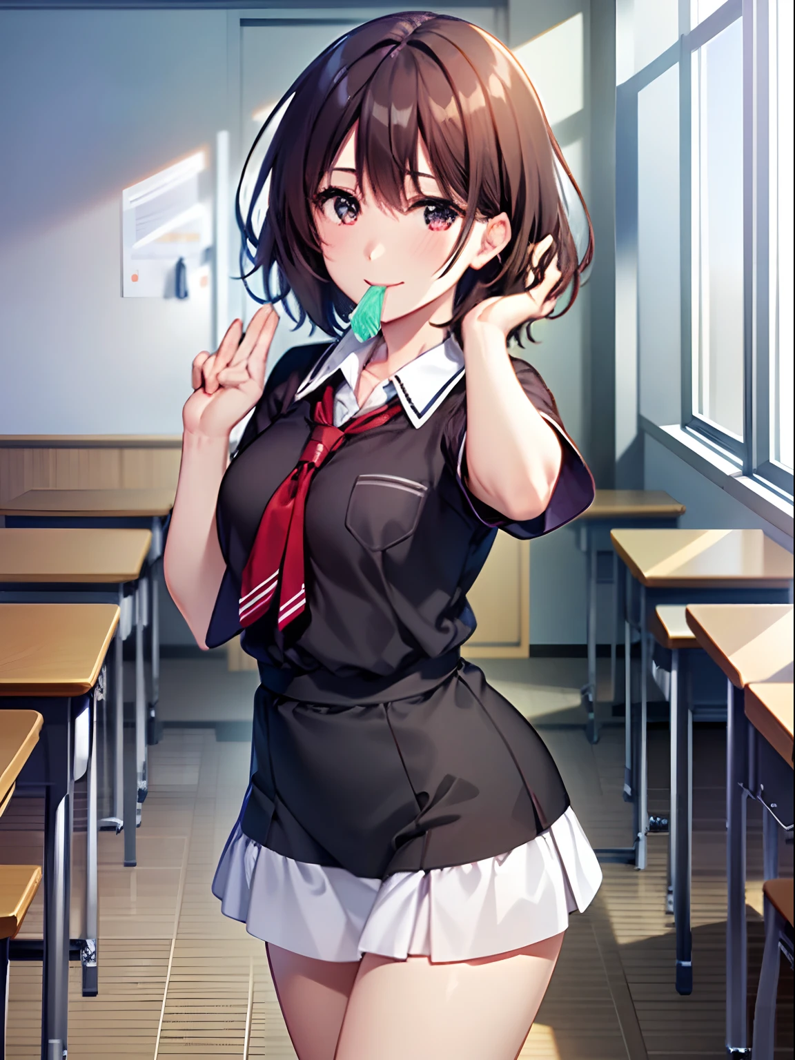 1girl in, lightsmile, Shiny skin, Best Quality, ​masterpiece, (Game CG:1.4) ,Detailed beautiful face and eyes, Aoi hinami, black bobcut, School uniform, class room, Bullish look, Raise both hands, Putting a condom in your mouth