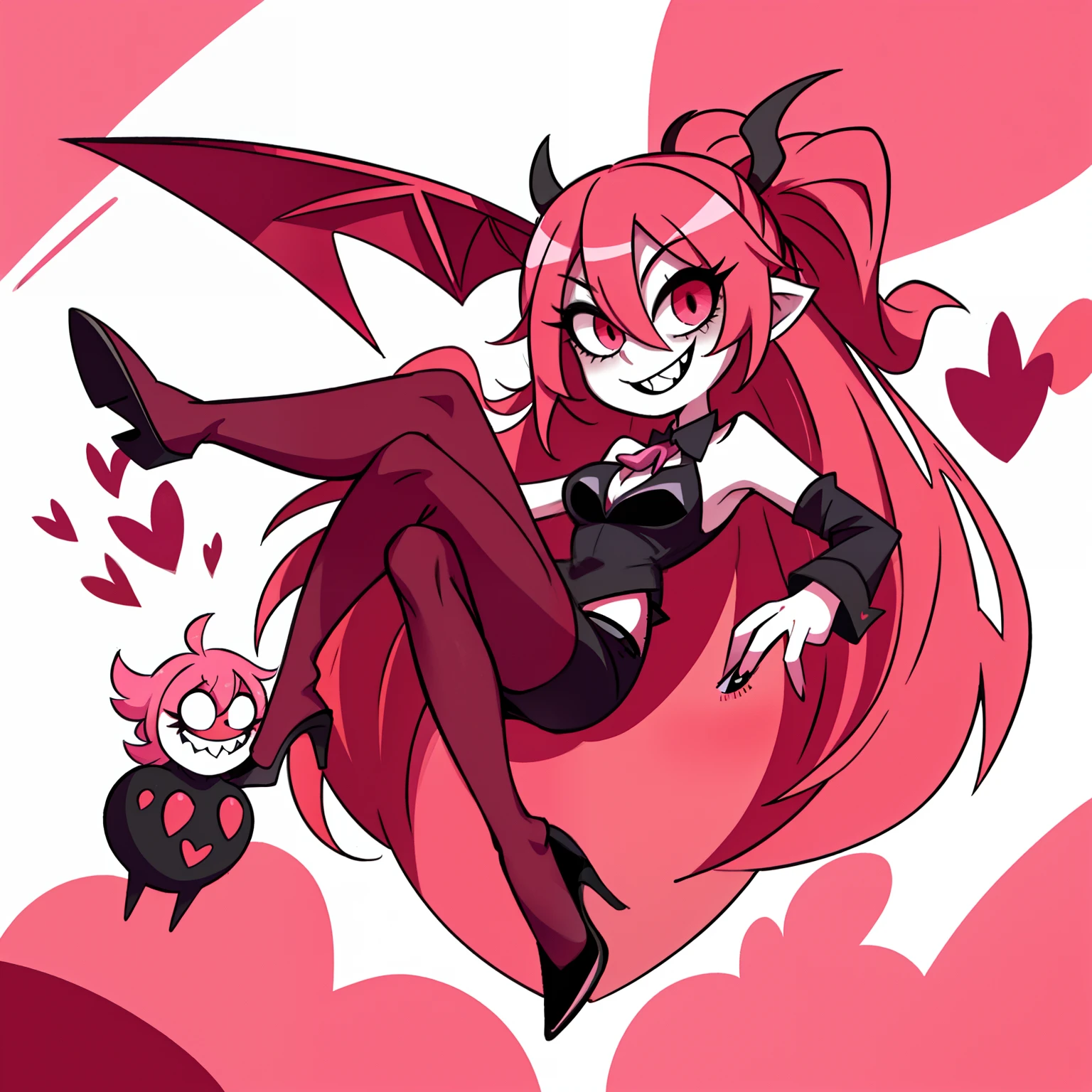 Hazbin Hotel style demon, long pink hair, heart eyes, insane smile, full body, cross on her chest