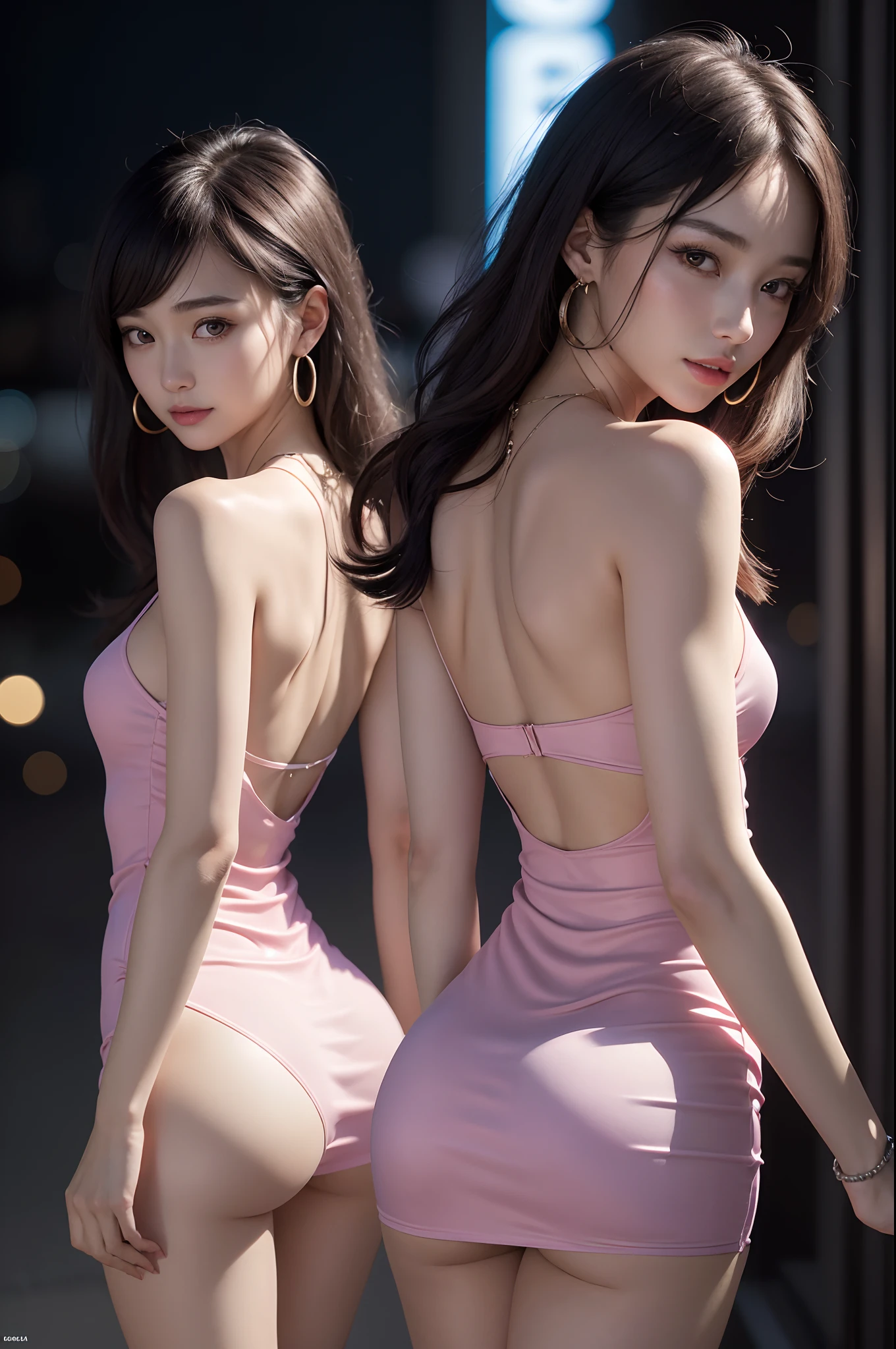 8K, Masterpiece, RAW photo, Best quality, detail:1.2),Photorealistic, Extremely detailed CG unified 8K wallpapers, Depth of field, Cinematic light, Lens flare, Ray tracing, (Extremely beautiful face, Beautiful lips, Beautiful eyes), intricate detail face, ((ultra detailed skin)) 1girll, In the dark, deepshadow, Pretty Korean girl, Kpop idol,(Very slim and slender muscular body:1.3), ((view the viewer)),(Big smile), (bodycon minidress),(Pink dress), (Panties exposed), (Injection sleeve) , (City Night, (neon lights sign), (Night), Pretty Korean girl, Earrings, bangle, necklace, Pantyhose, Clear eyes, Walking , (Pale skin), Face forward, (Big eyes), ((upperbody shots)), bodycon minidress, Silk mini dress ,Panties exposed， Turn Back, Back shot, Very slim, slander