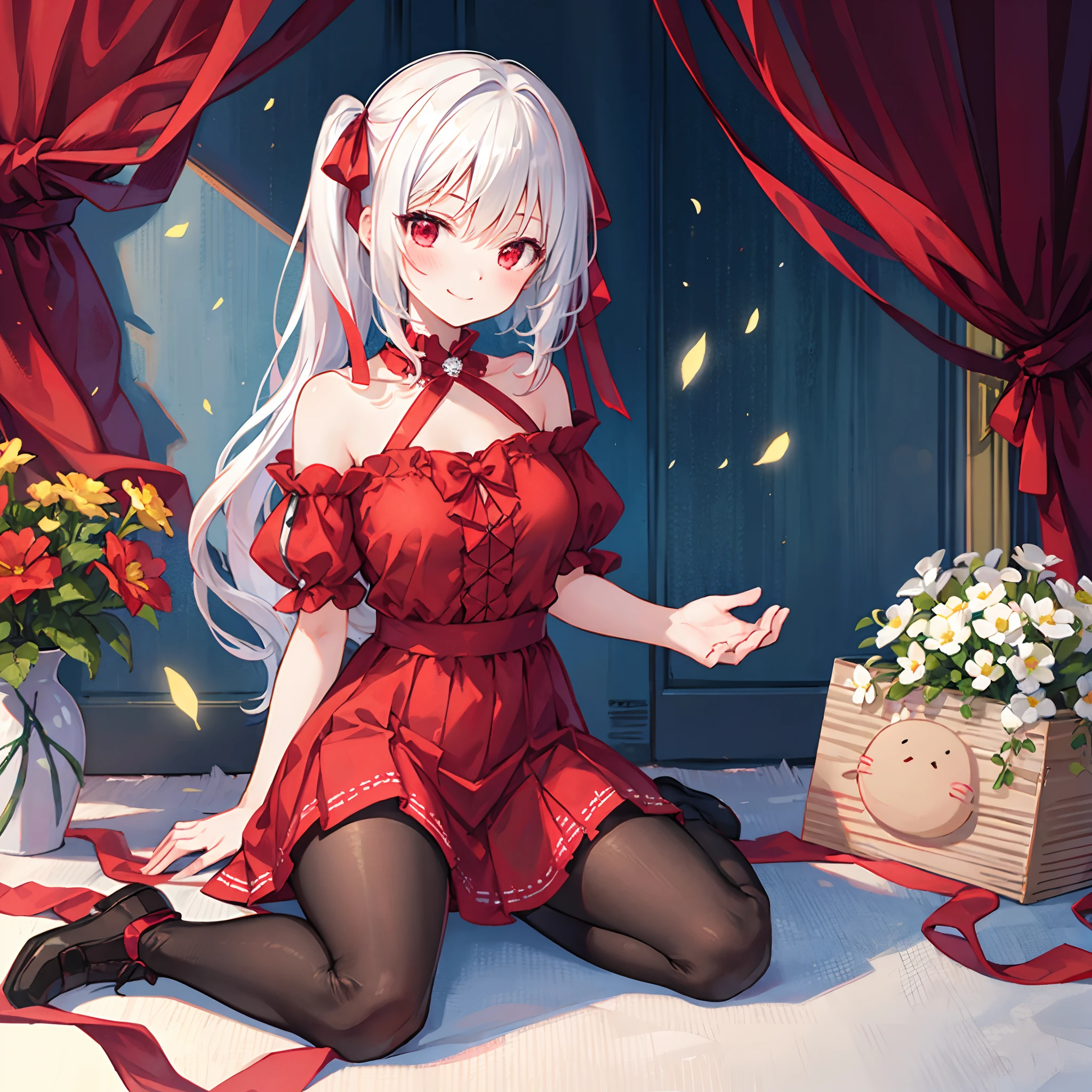 white hair、poneyTail、red eyes、bow ribbon、Beautiful girl alone、red blush、Fluffy clothes、off shoulders、Black tights、Surrounded by flowers、Western-style room、Sitting on the floor、A smile、