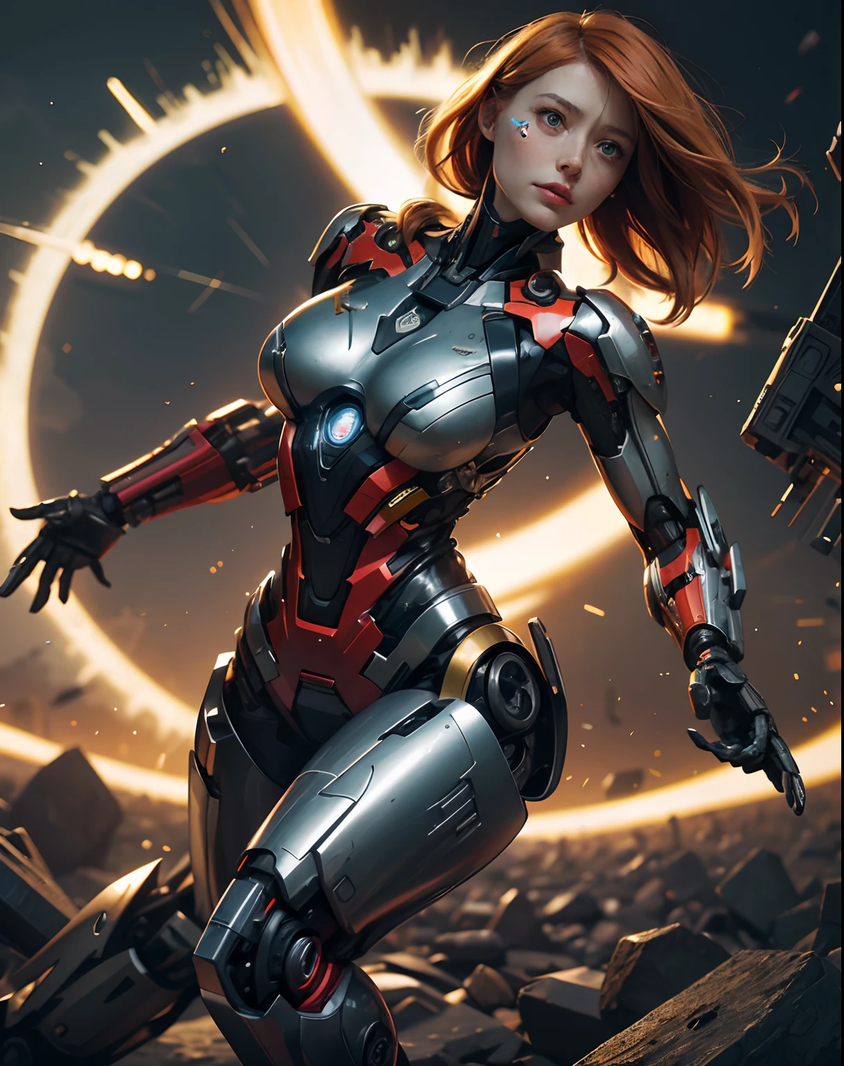 Textured skin, Super Detail, high details, High quality, Best Quality, hight resolution, 1080p, hard disk, Beautiful,(Pepper Potts),beautiful cyborg woman,Mecha Cyborg Girl,Battle Mode,Girl with a Mecha Body,She wears a rescue mech