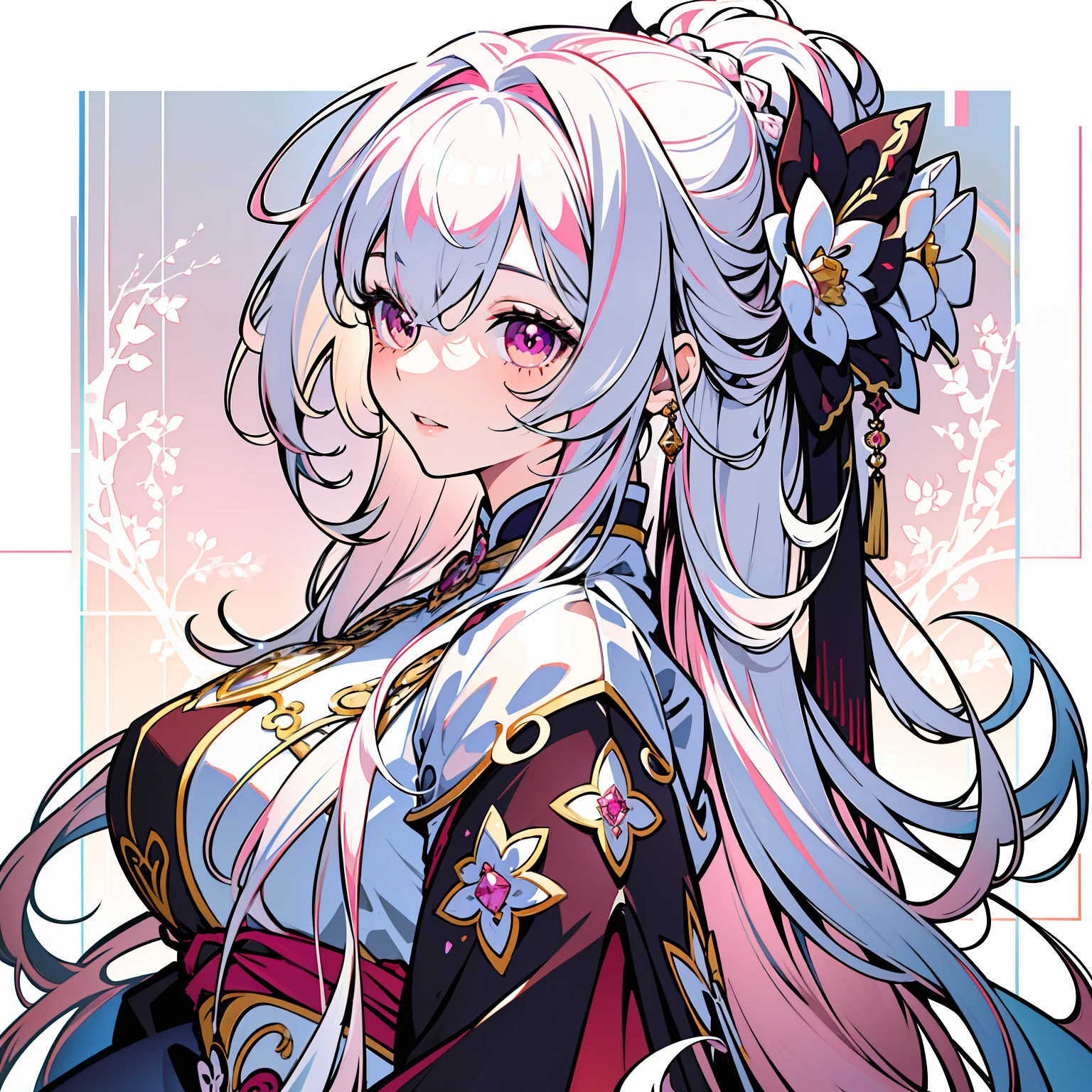 masterpiece, bestquality, official art, high-detail, illustration,
1 girl, Upper body, detailed eyes, Light pink eyes,
Hanfu pink gradient, Intricate patterns, luxury dress, Dynamic Poses,
(Long rainbow hair:1.1), (White Hair:1.2), floating hair, Light pink hair ends, (knit:0.8) gradient hair,