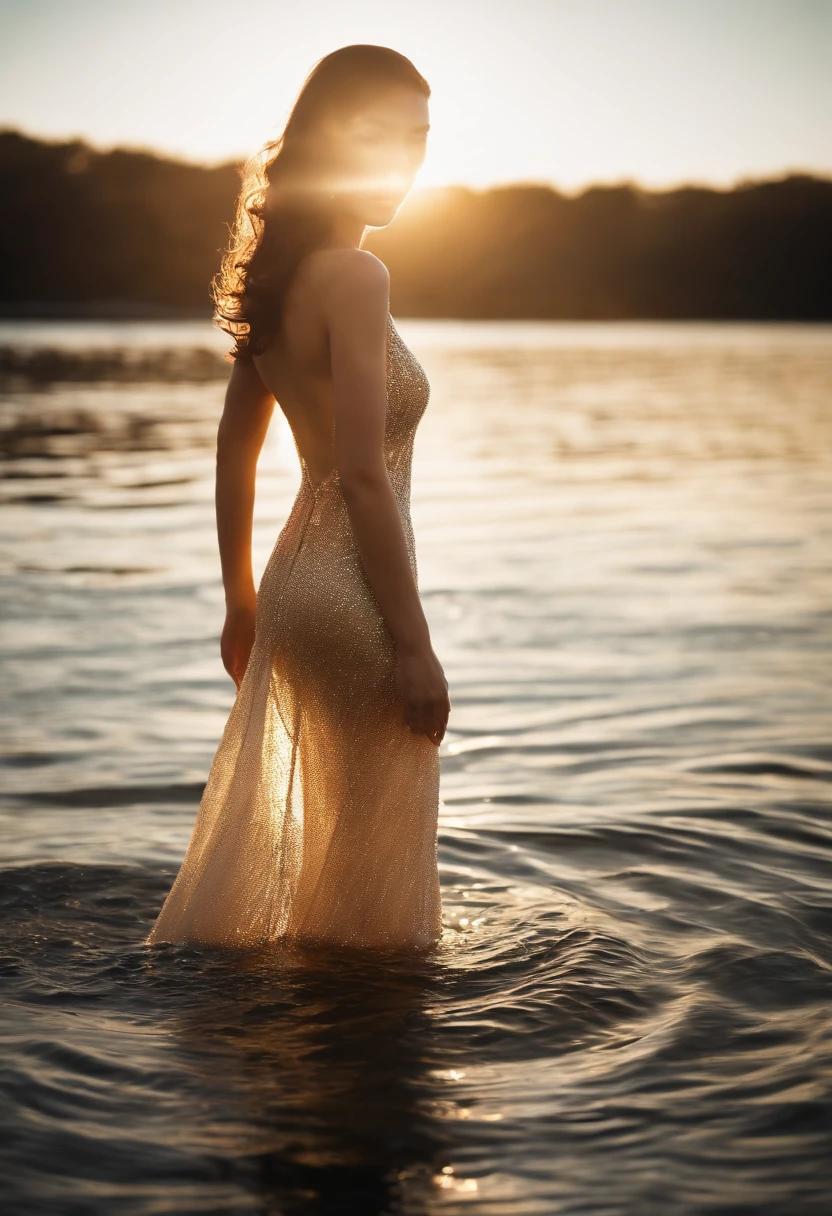 long to, translucent, Delicate and delicate fluorescent sparkling pearl dress, Shining. Woman's nude body visible through, Translucent gown. looking wet. Beautiful brunette woman getting out of the water, Japan Women, The dress becomes translucent. Visible through the sheer feeling of the chest and dress. the golden hour.