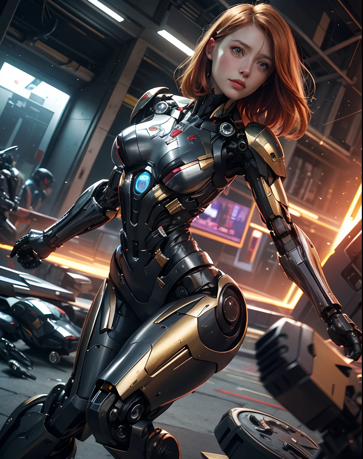 Textured skin, Super Detail, high details, High quality, Best Quality, hight resolution, 1080p, hard disk, Beautiful,(Pepper Potts),beautiful cyborg woman,Mecha Cyborg Girl,Battle Mode,Girl with a Mecha Body,She wears a rescue mech