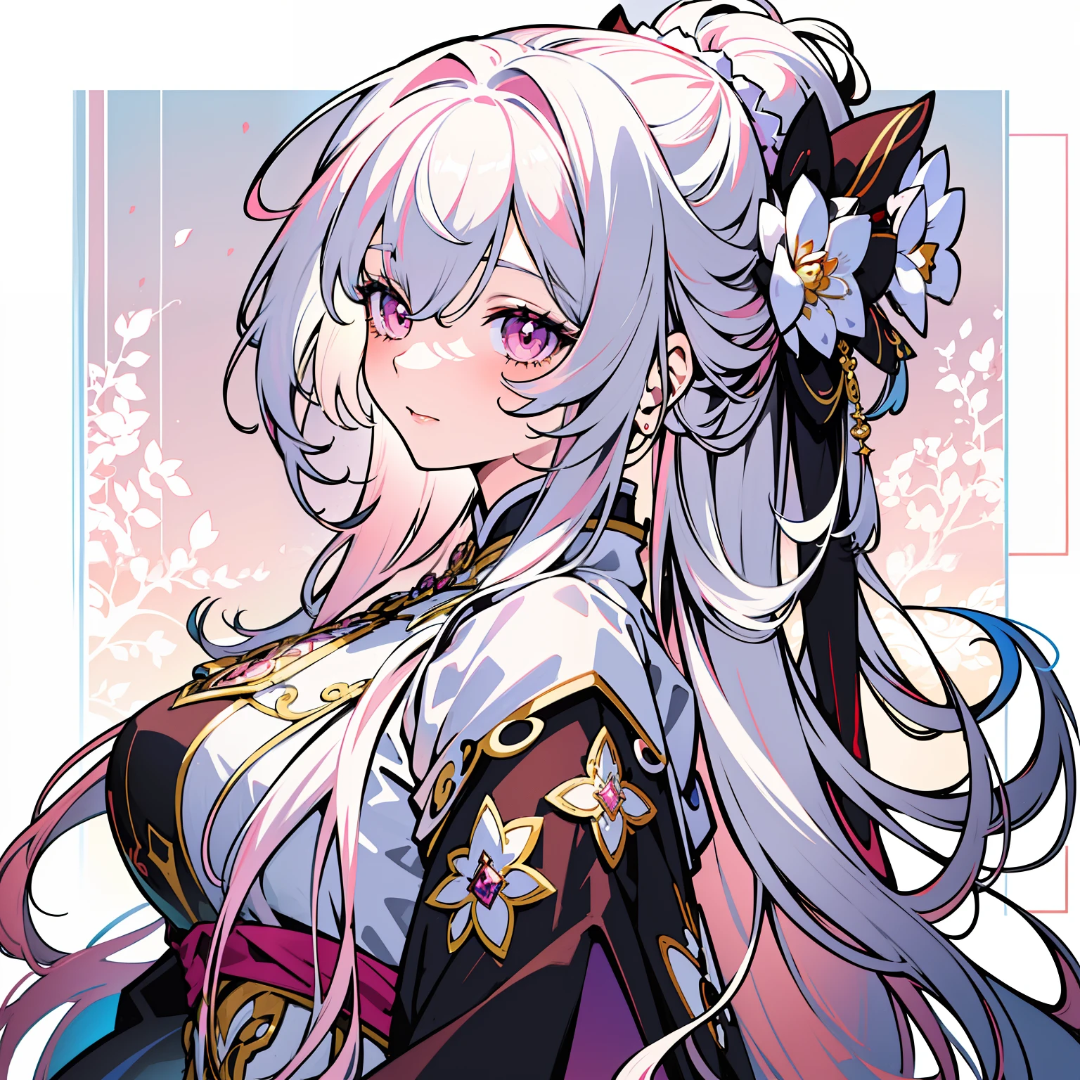 masterpiece, bestquality, official art, high-detail, illustration,
1 girl, Upper body, detailed eyes, Light pink eyes,
Hanfu pink gradient, Intricate patterns, luxury dress, Dynamic Poses,
(Long rainbow hair:1.1), (White Hair:1.2), floating hair, Light pink hair ends, (knit:0.8) gradient hair,