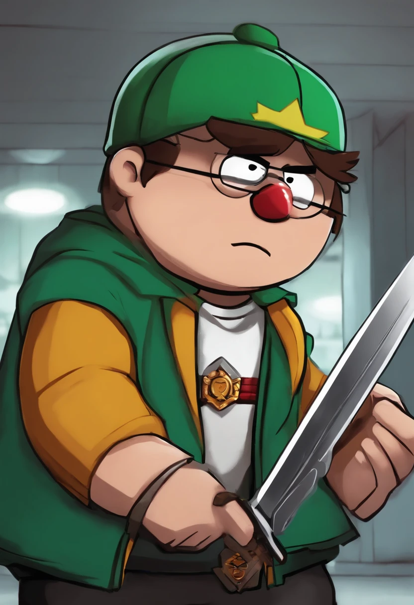 a close up of a cartoon character holding a knife in his hand, eric cartman, eric cartman in real life, in style of south park, south park, south park style, anime style”, in an anime, heavy looking, demonic atmosphere, dokev, mall goth, tartakovsky, name of the character is chad, masuimi max