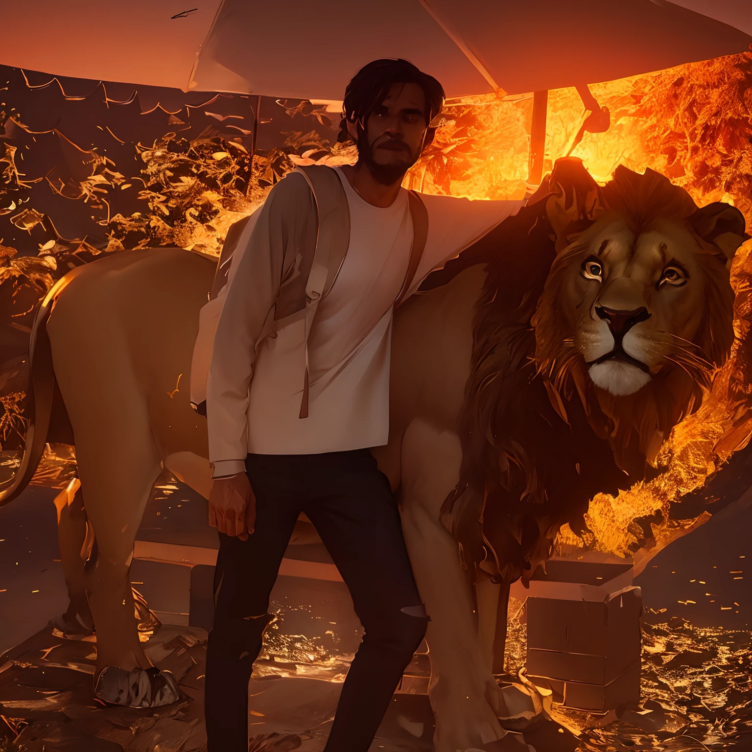 Most beautiful sunset background with realistic lion