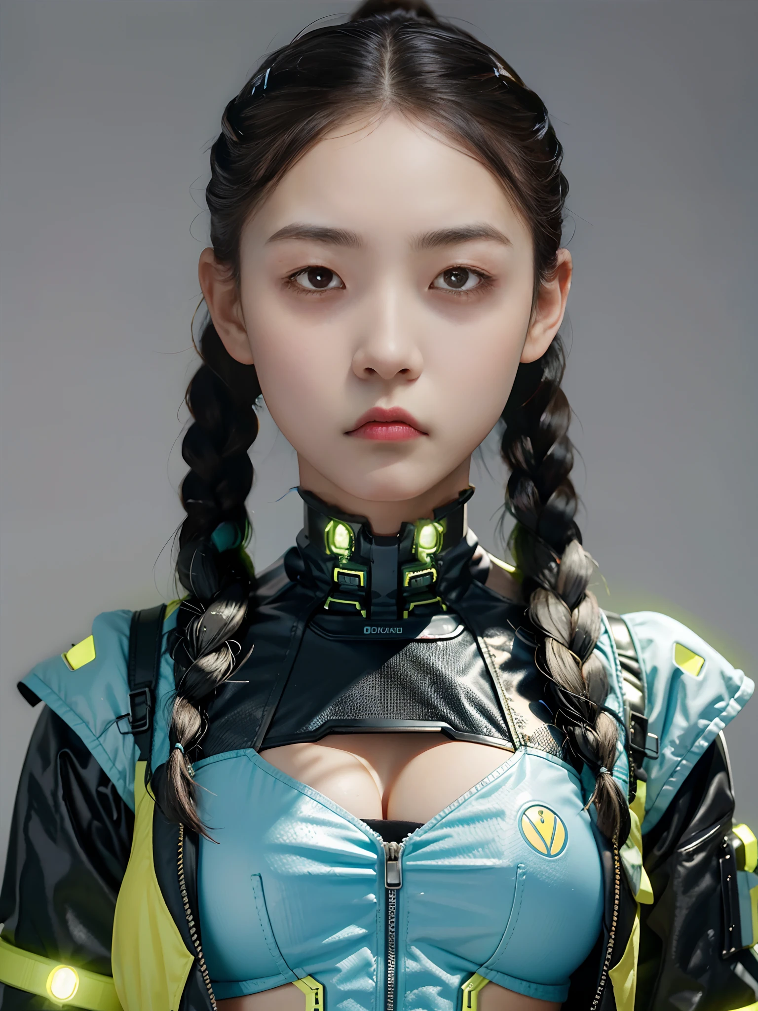 A beautiful woman,Wearing a fluorescent lemon yellow and modylan mech,bulletproof vest,Twist braids,little breast,cyber punk perssonage,greybackground