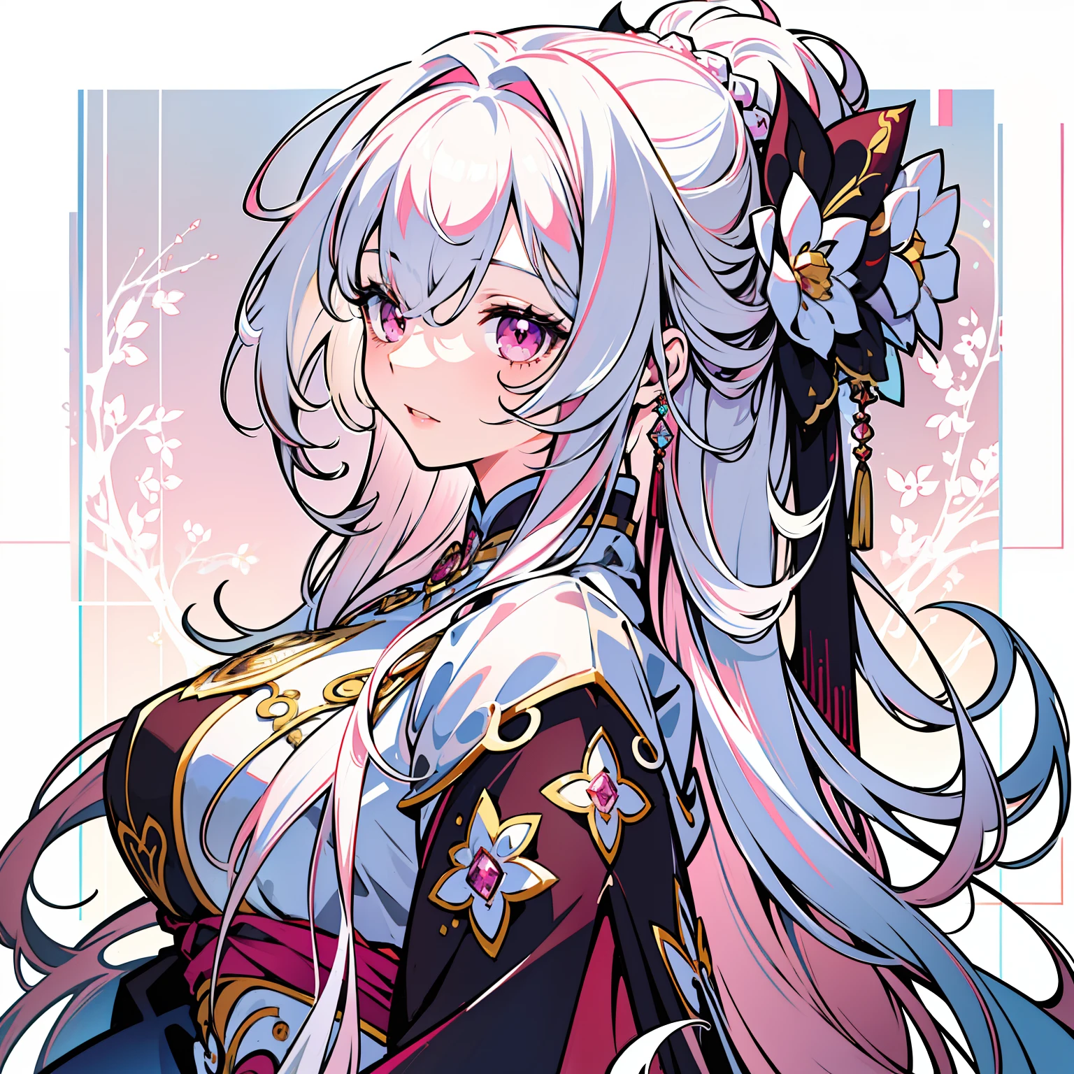 masterpiece, bestquality, official art, high-detail, illustration,
1 girl, Upper body, detailed eyes, Light pink eyes,
Hanfu pink gradient, Intricate patterns, luxury dress, Dynamic Poses,
(Long rainbow hair:1.1), (White Hair:1.2), floating hair, Light pink hair ends, (knit:0.8) gradient hair,