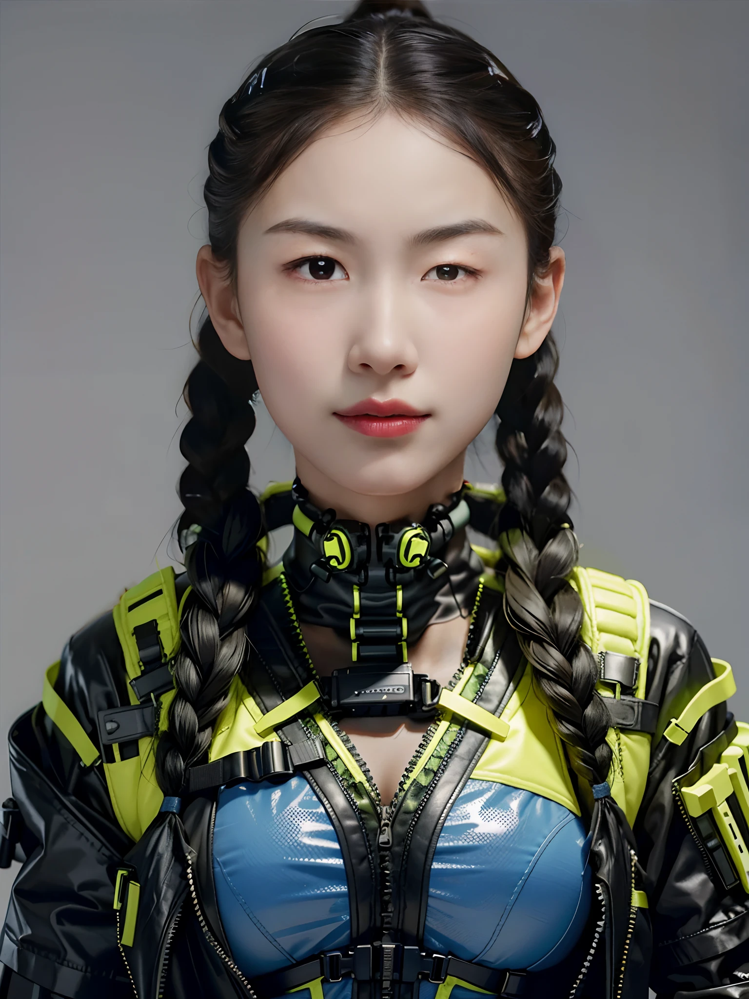 A beautiful woman,Wearing a fluorescent yellow mech,bulletproof vest,Holding an AK47,Twist braids,little breast,cyber punk perssonage,greybackground