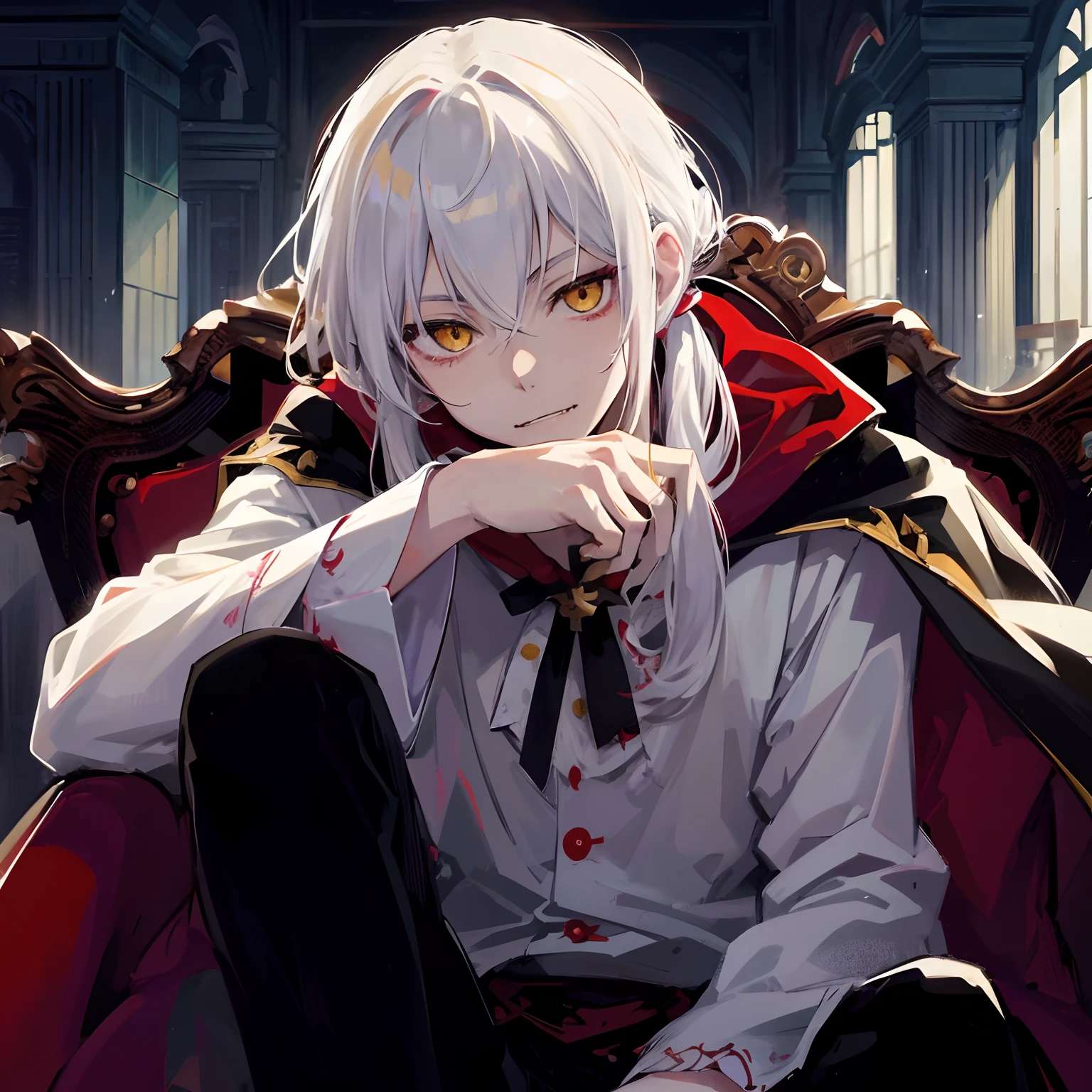 Japanese anime, beautiful young man, white hair, long hair, low ponytail, yellow eyes, Dracula cape, sitting in luxurious red and black chair, abandoned palace, vampire fangs, sitting cross-legged,high quality, amount of drawing, pixiv illustration