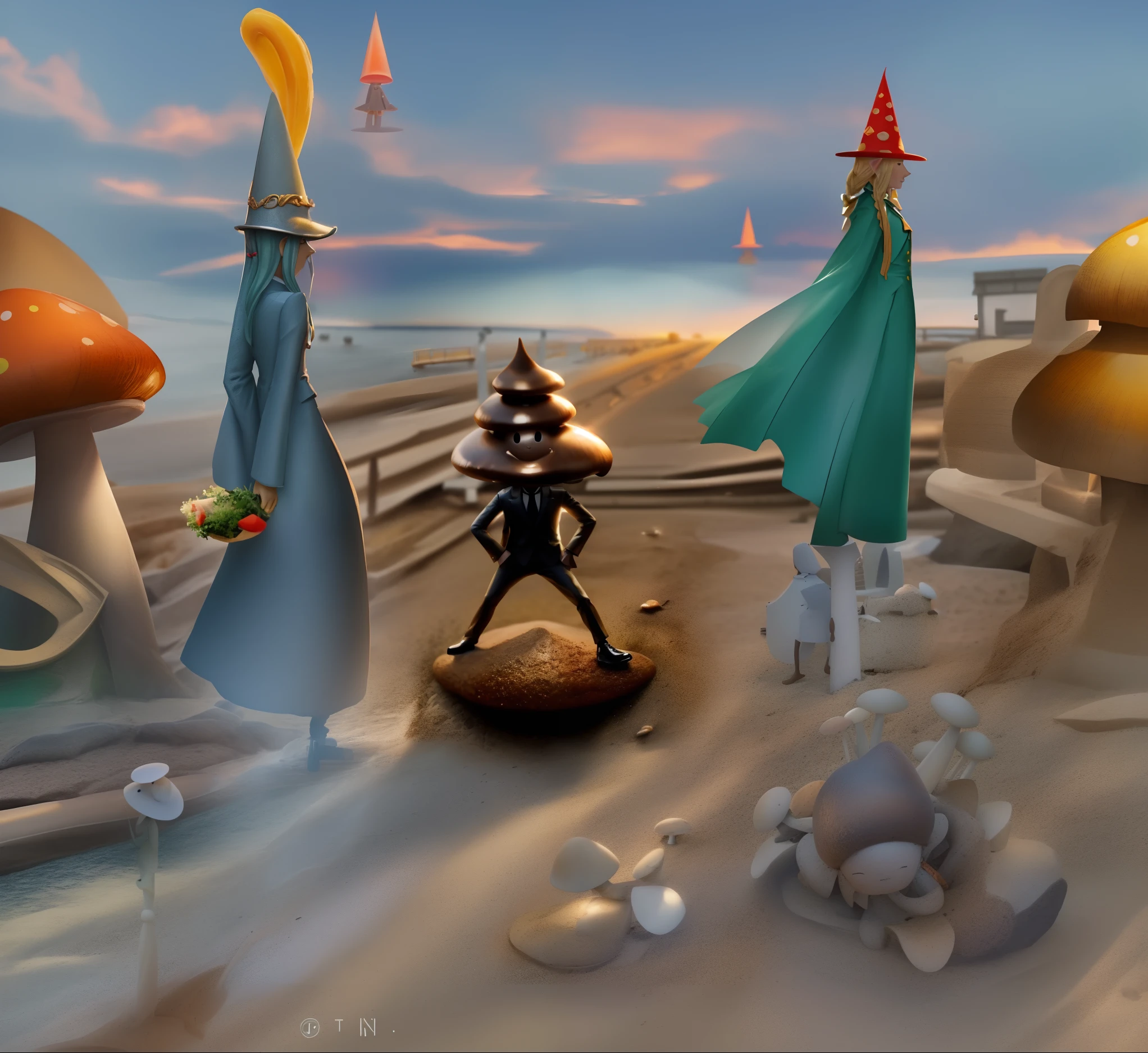There is a statue of a man in a suit and hat on the beach, youtube video screenshot, still from a music video, made of mushrooms, video still, Elves in suits, Onion man, Cone head, Stop Motion Characters, Poop, Top Floor Boss , 🚀🚀🚀, album art, profile photo, official artwork, promotional render