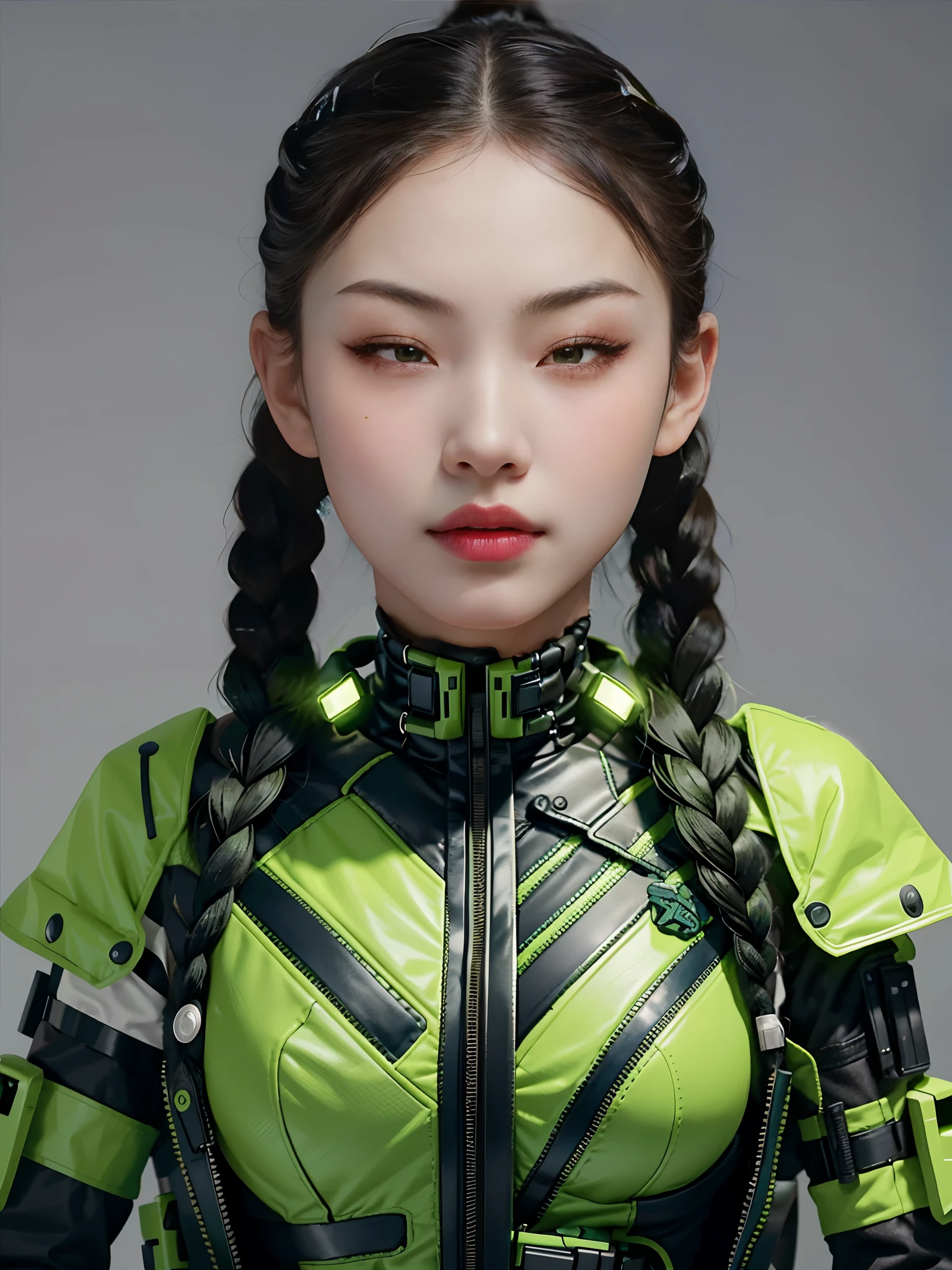1 beautiful woman,Wearing a fluorescent grass green mech,bulletproof vest,Twist braids,little breast,cyber punk perssonage,greybackground