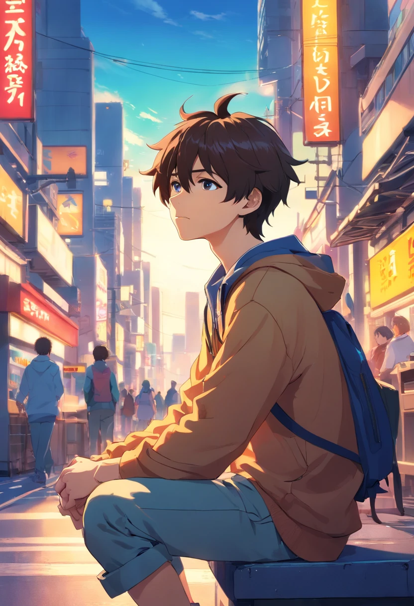 A gamer boy sitting in dront ò many computer, transformed into an anime style, with exaggerated unique facial features and clothing, standing on a bustling city street, backlit background highlighting the subject, high-contrast colors, 4K high-definition quality，young, smiling, handsome