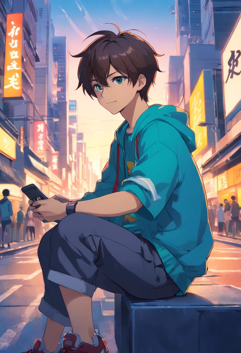 A gamer boy sitting in dront ò many computer, transformed into an anime style, with exaggerated unique facial features and clothing, standing on a bustling city street, backlit background highlighting the subject, high-contrast colors, 4K high-definition quality,young, smiling, handsome