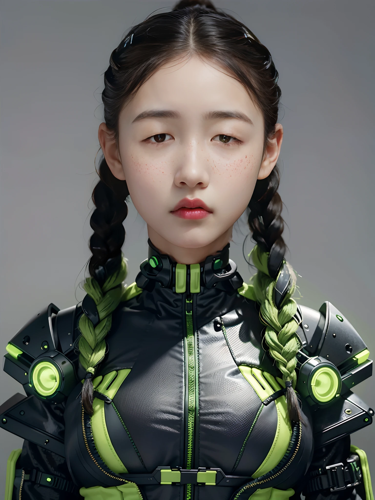 1 beautiful woman,Wearing a fluorescent grass green mech,bulletproof vest,Twist braids,little breast,cyber punk perssonage,greybackground