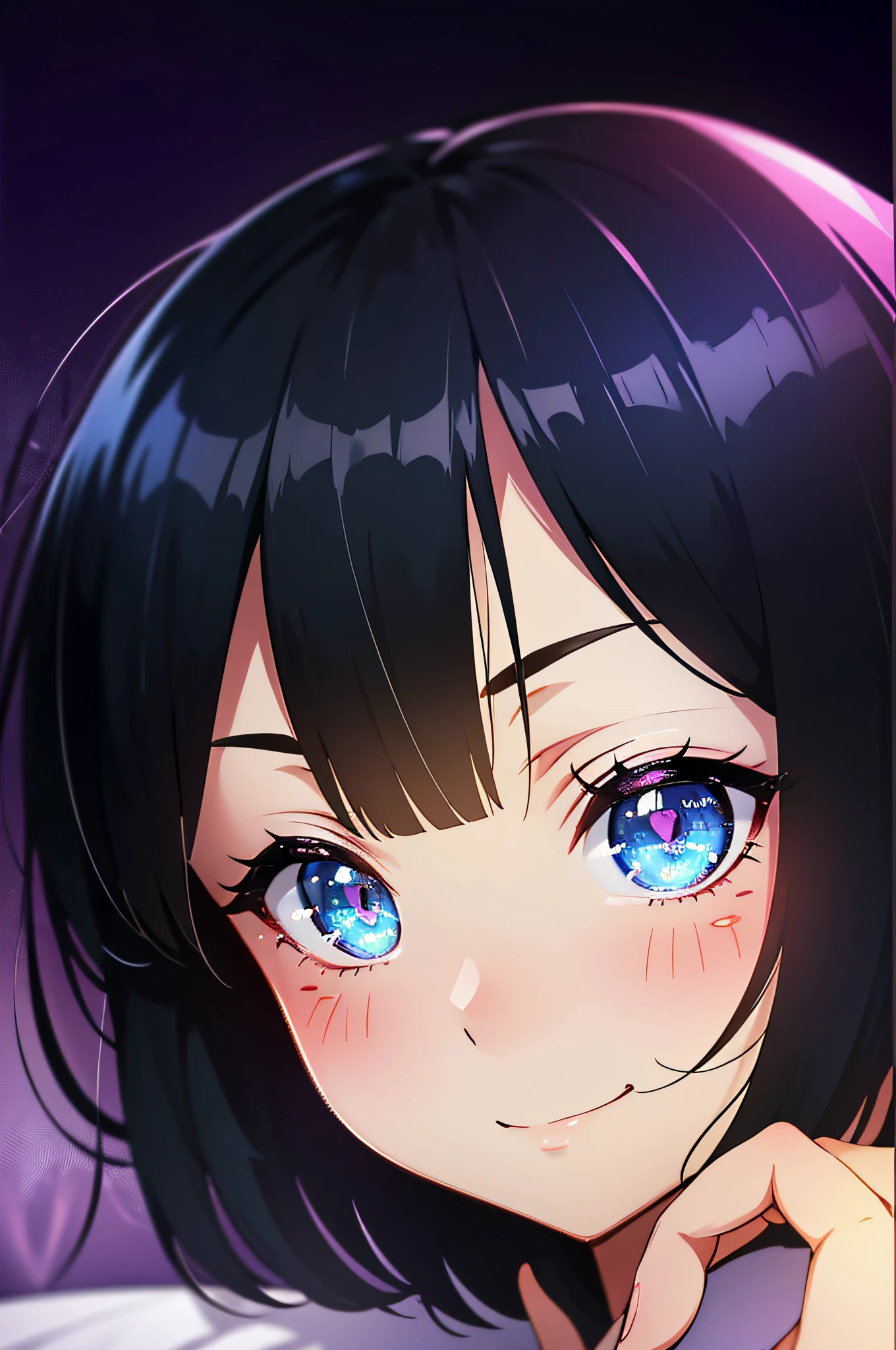 (masutepiece:1.3), (Best Quality:1.3), High resolution, Couboy Shot, on back, Sleeping, (One Cute Girl:1.3), Solo, White skin, tiny chest, huge smile、eight-headed person, Iridescent hair, (bobhair:1.2), Mixed mesh and black hair color、Short hair, (Blunt bangs:1.2), Beautiful hair, Beautiful detailed eyes, ultradetailed eyes、Sparkling eyes,Iridescent aura around the eyes、iridescent eyes、Detailed eyes that are sucked in,blush, heart mark, Outdoors, Purple background, Gorgeous bedding, Top image quality、Shadow lighting、full bodyesbian