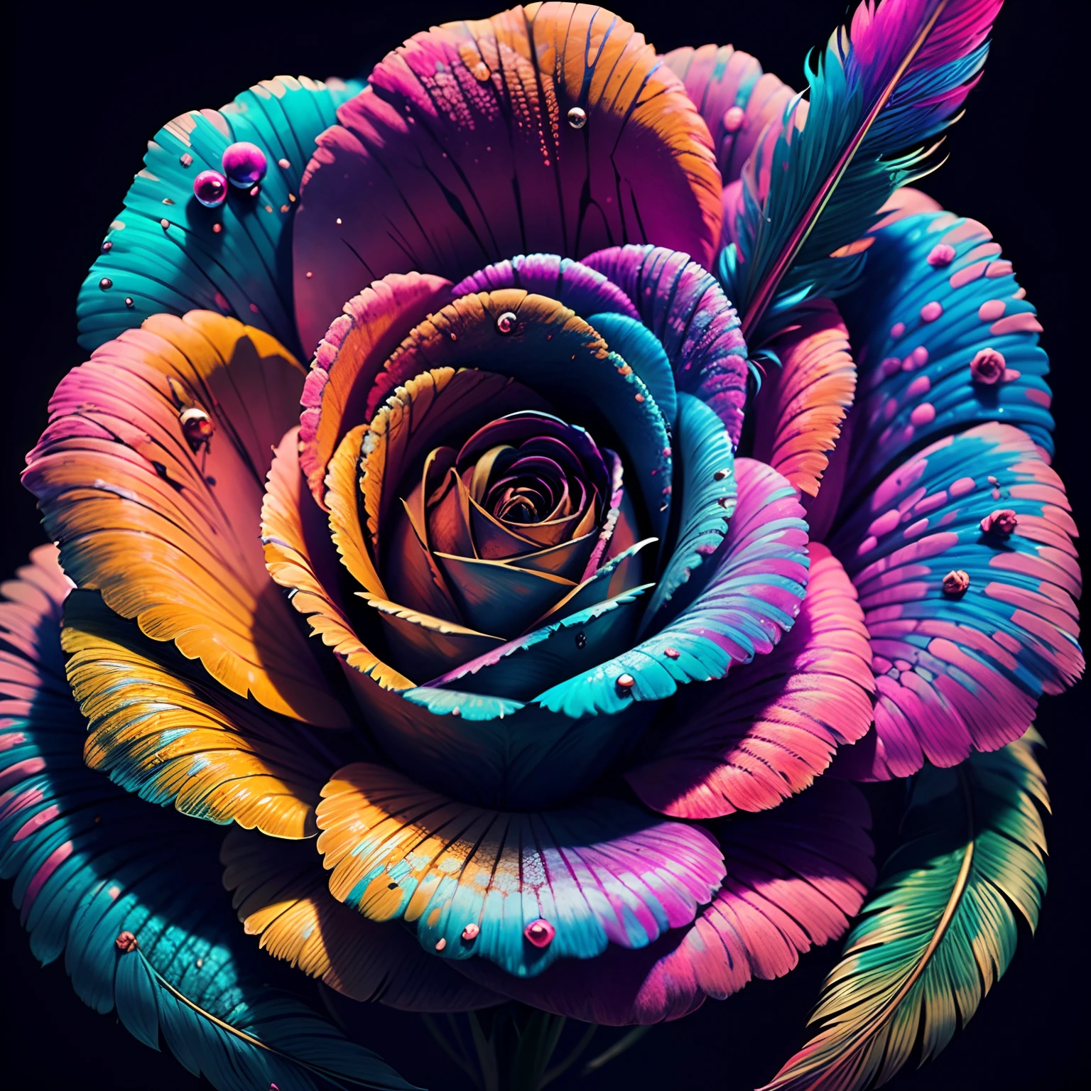 Multicolored roses:1.5,feather:1.3,top-quality,Best Quality,Beautiful and mysterious flowers,Extremely detailed,Fractal Art:1.3,Colorful:1.4,highest details,Zentangle:1.2,psychedelic,Dynamic,Complex background&Abstract:1.3