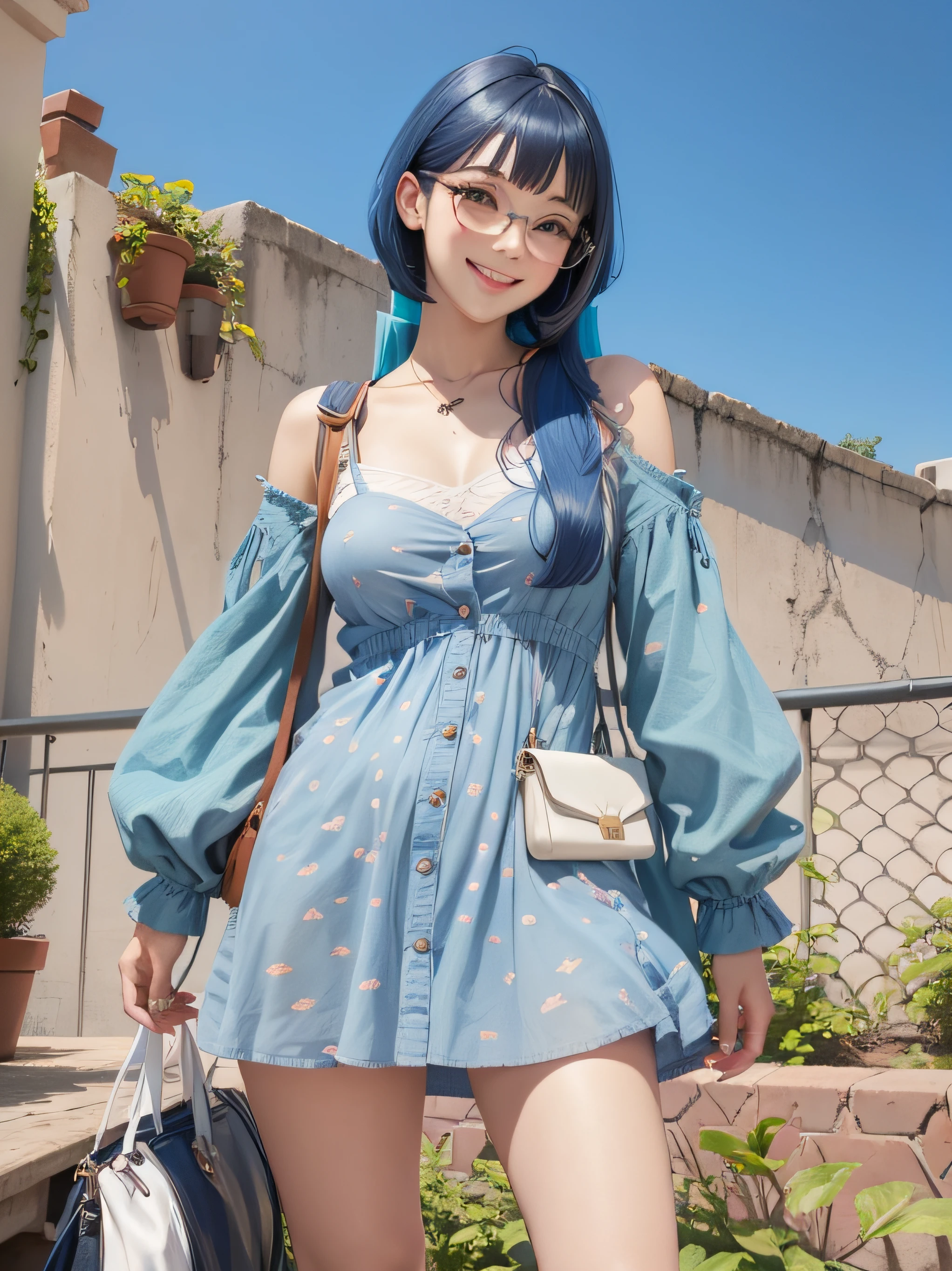 girl, blue hair, wear glasses, wear blue mini dress, smiling