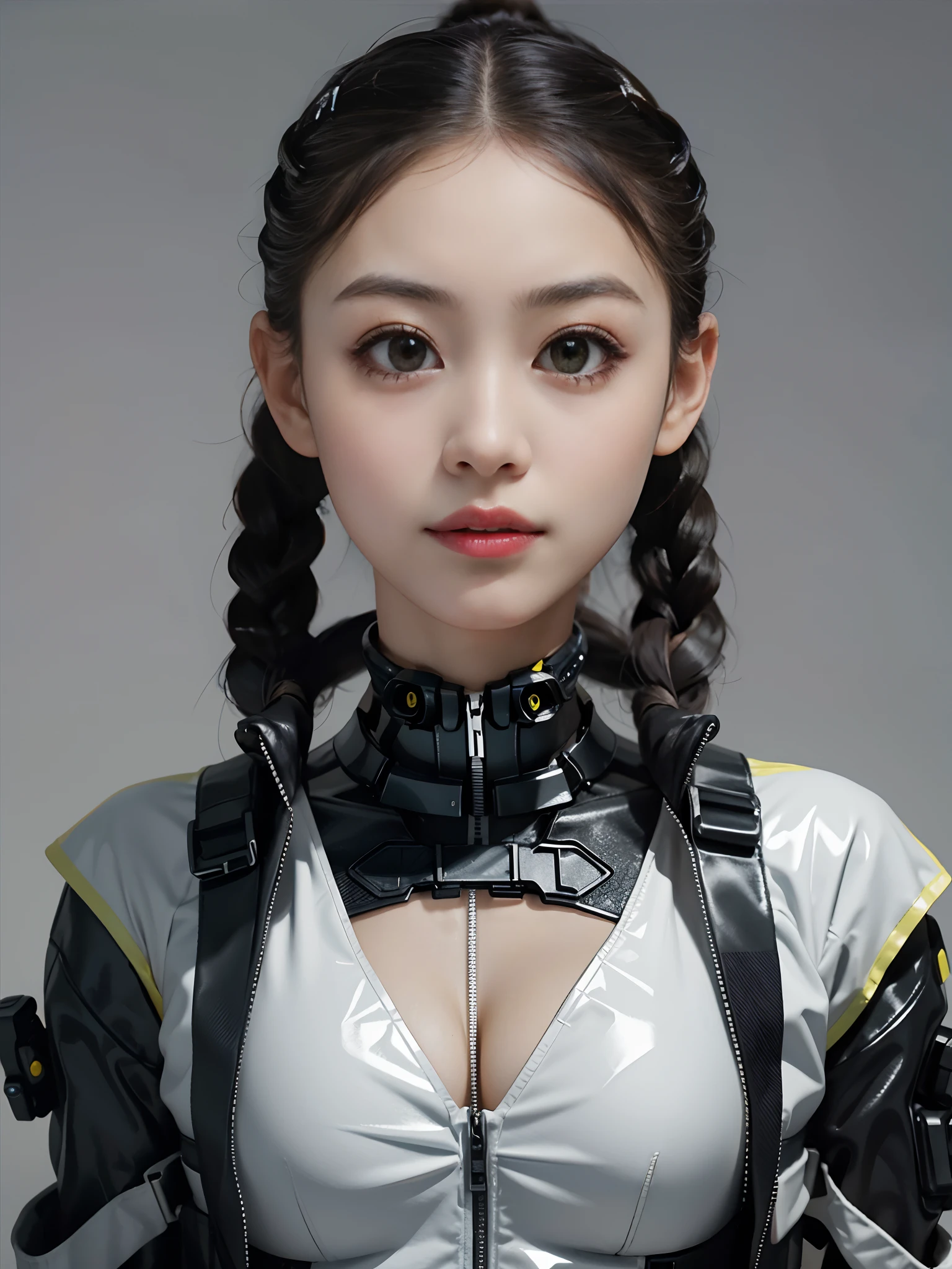1 beautiful woman,Wearing a lemon yellow PVC mech,bulletproof vest,Twist braids,little breast,cyber punk perssonage,greybackground
