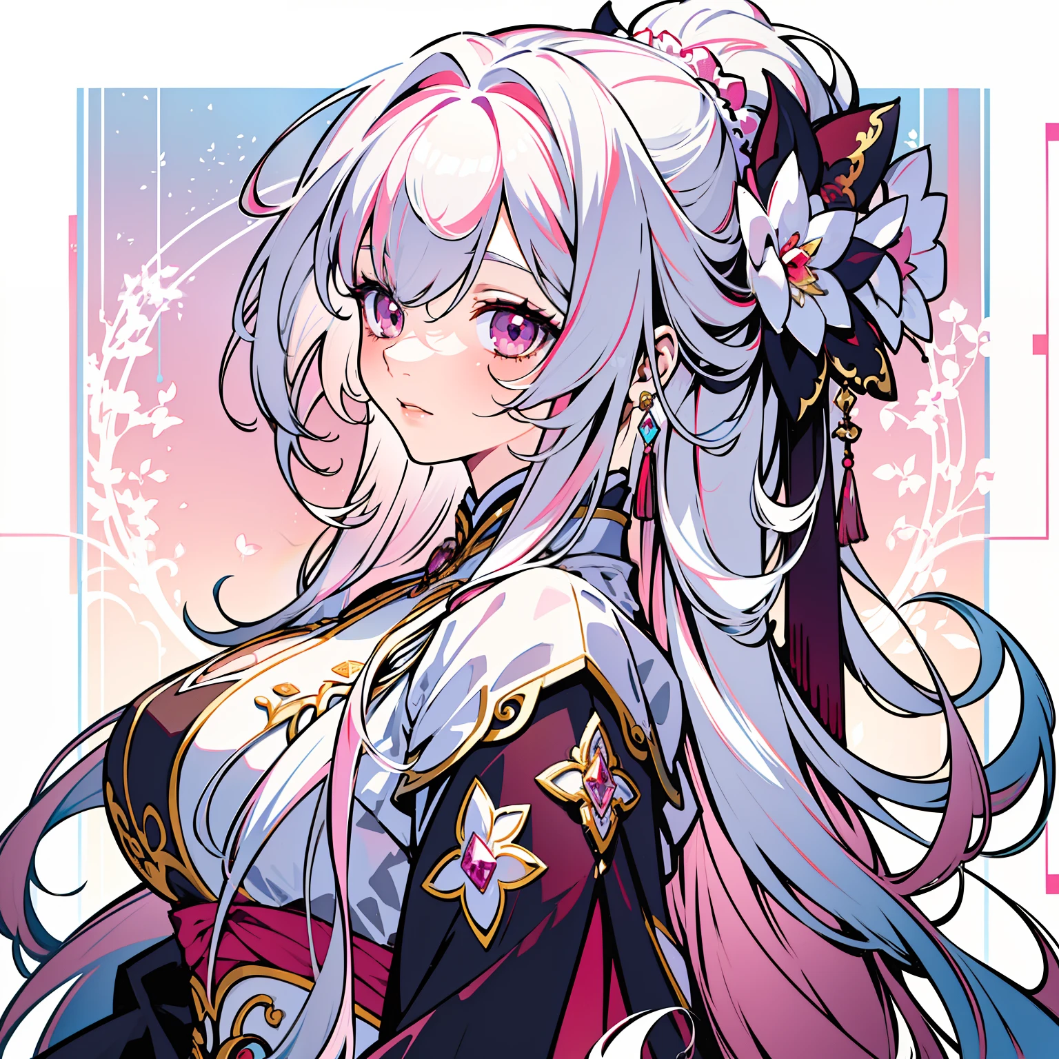 masterpiece, bestquality, official art, high-detail, illustration,
1 girl, Upper body, detailed eyes, Light pink eyes,
Hanfu pink gradient, Intricate patterns, luxury dress, Dynamic Poses,
(Long rainbow hair:1.1), (White Hair:1.2), floating hair, Light pink hair ends, (knit:0.8) gradient hair,