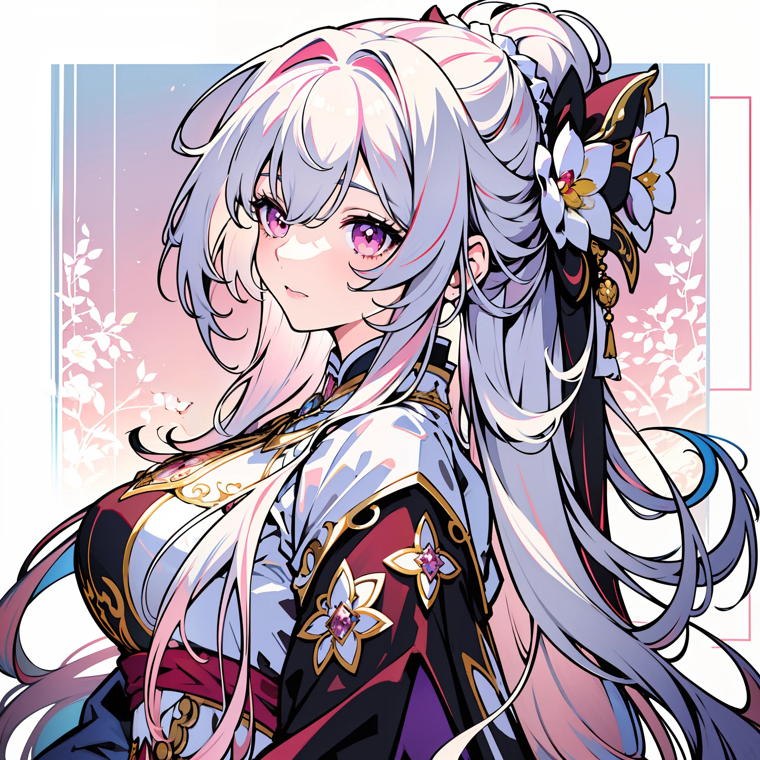 masterpiece, bestquality, official art, high-detail, illustration,
1 girl, Upper body, detailed eyes, Light pink eyes,
Hanfu pink gradient, Intricate patterns, luxury dress, Dynamic Poses,
(Long rainbow hair:1.1), (White Hair:1.2), floating hair, Light pink hair ends, (knit:0.8) gradient hair,