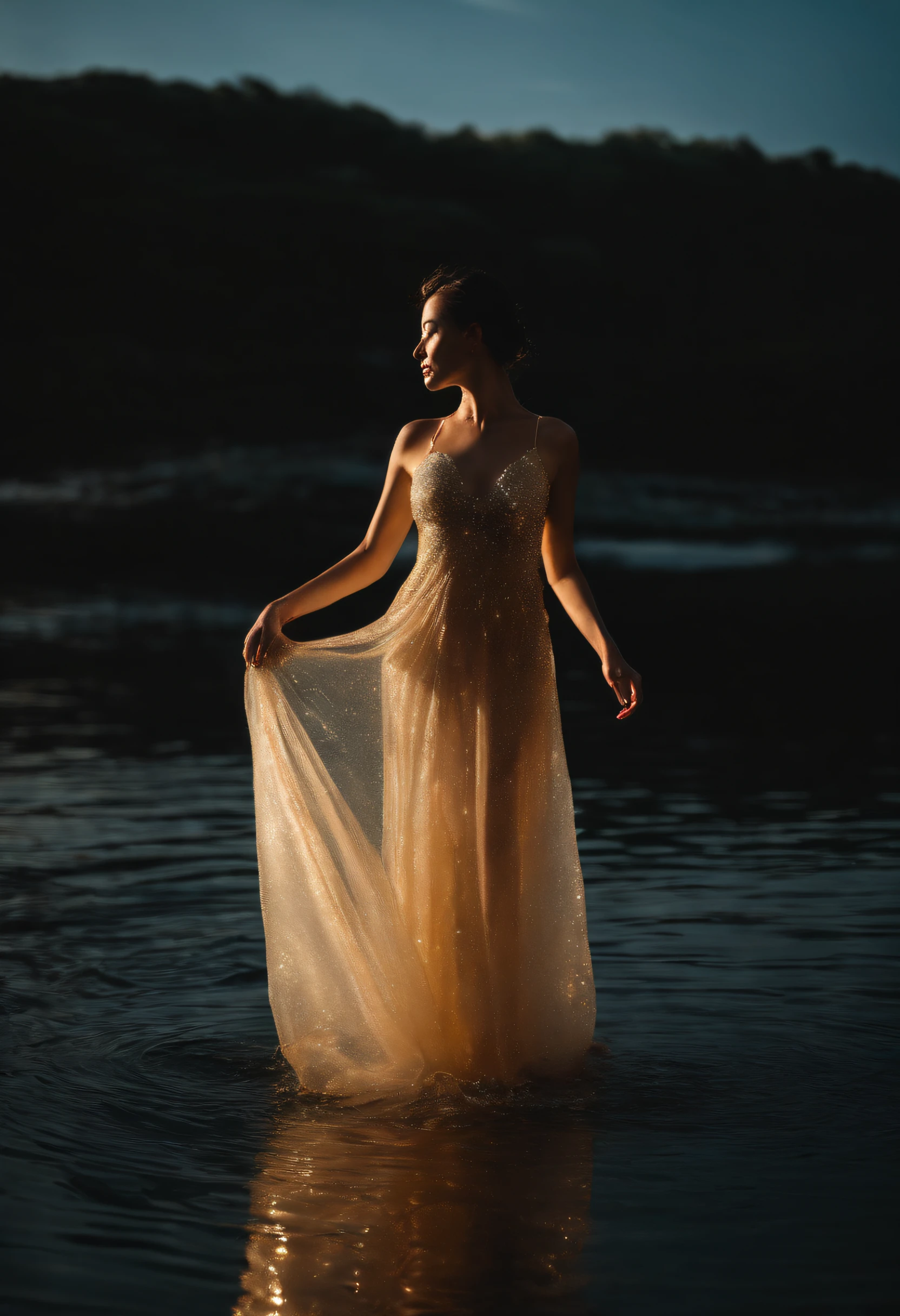 long to, translucent, Delicate and delicate fluorescent sparkling pearl dress, Shining. Woman's nude body visible through, Translucent gown. looking wet. Beautiful brunette woman getting out of the water, Japan Women, The dress becomes translucent. Visible through the sheer feeling of the chest and dress. the golden hour.