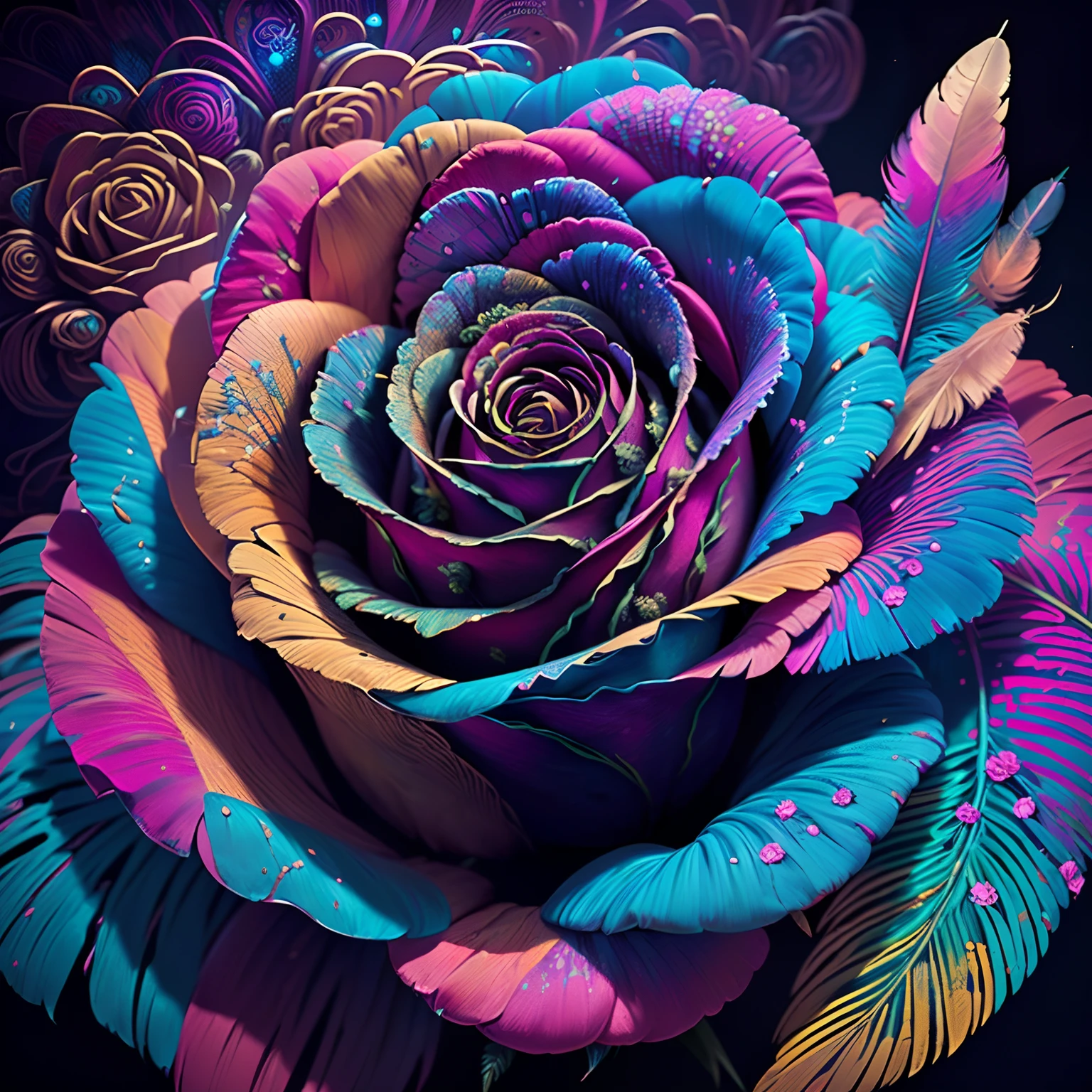 Riff Style 2 (top-quality, Best Quality, Official art, Plants and bird feathers, Beautiful and aesthetic flowers:1.2), (roses:1.3), Extremely detailed,(Fractal Art:1.1),(Colorful:1.1)(Flowers:1.3),highest details,(Zentangle:1.2), (Dynamic Pose), (Colorful abstract background:1.3), (Glossy flowers), (Many colors:1.4), Colorful Accessories, (Feathers:1.5)