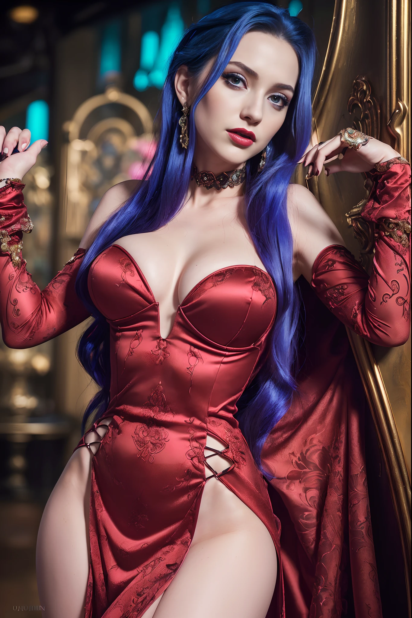 Masterpiece, Jinx from Arcane, flirty expression, high detail plunging bodycon long dress, secret lair background, intricately detailed background, (UHD, 8K wallpaper, High resolution), Cinematic lighting, award-winning, extremely detailed skin, extra detailed face, high detail eyes, photo-realistic, Zeiss 85 mm F/1.4, by Ellen von Unwerth